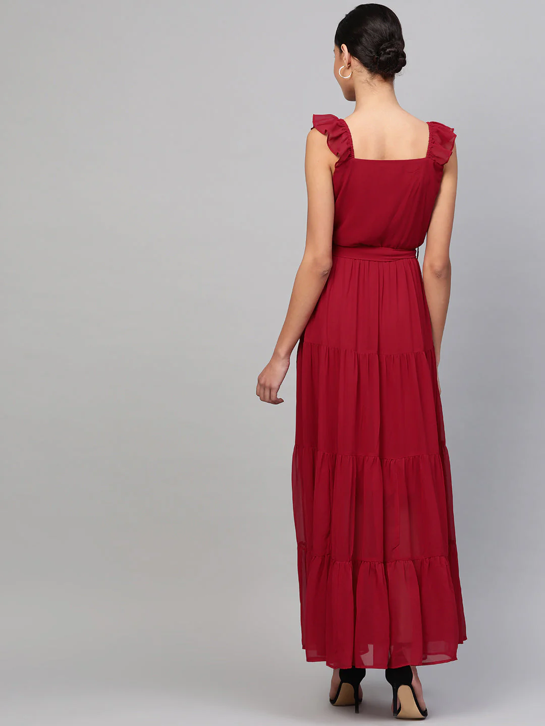 Women Red Strappy Frill Tiered Maxi - Image 3