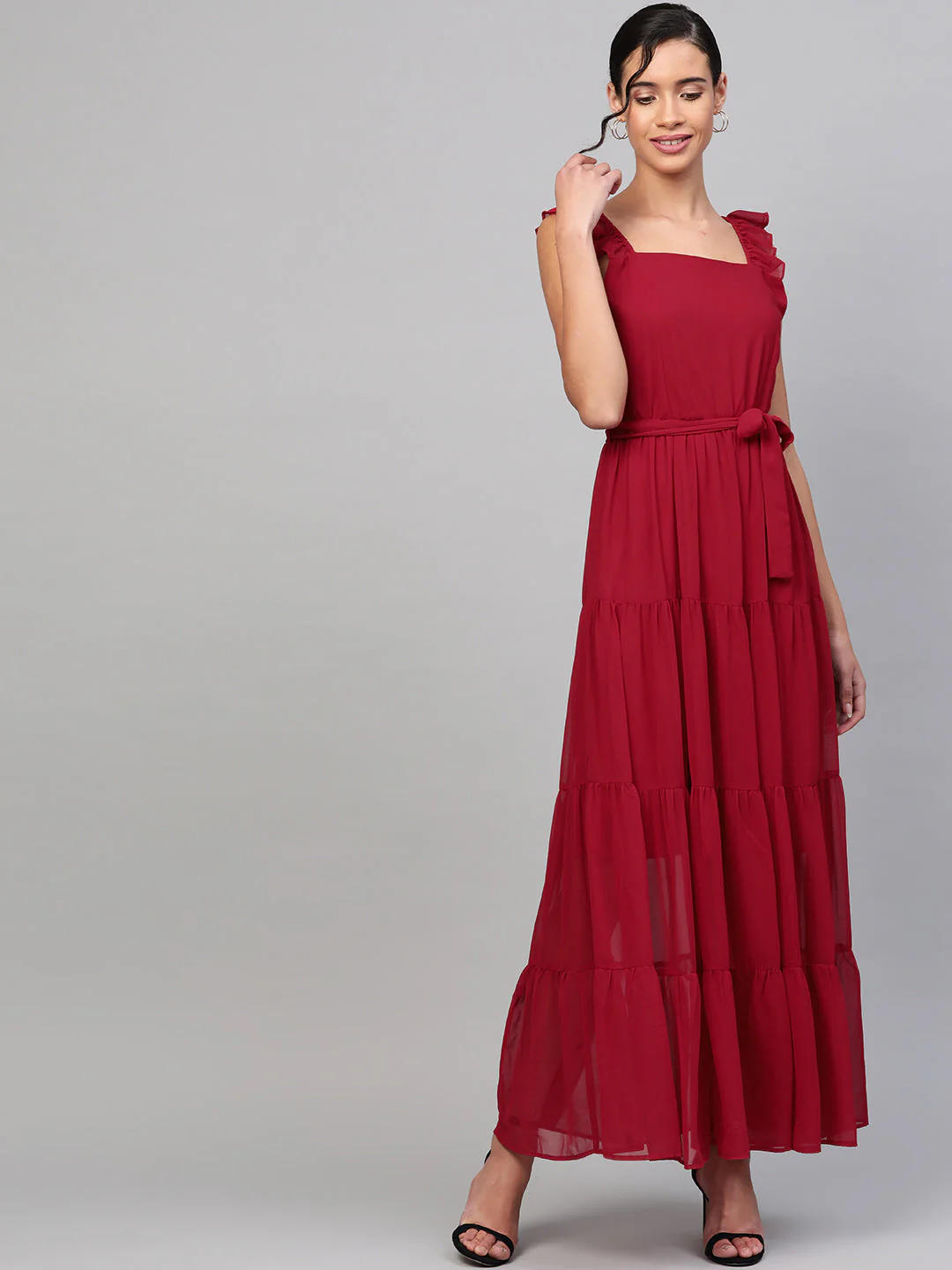 Women Red Strappy Frill Tiered Maxi - Image 4