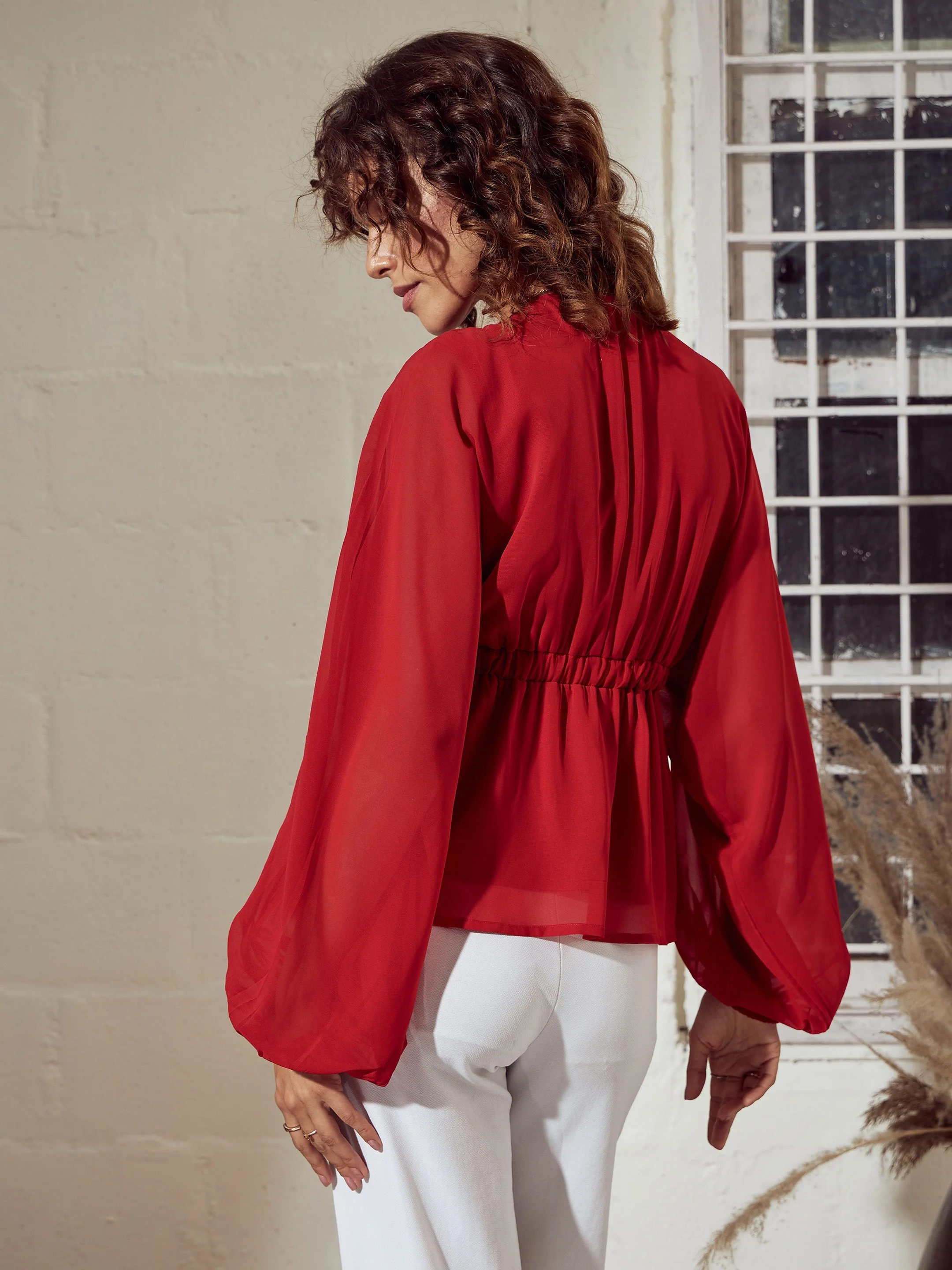 Women Red V-Neck Peplum Top - Image 2