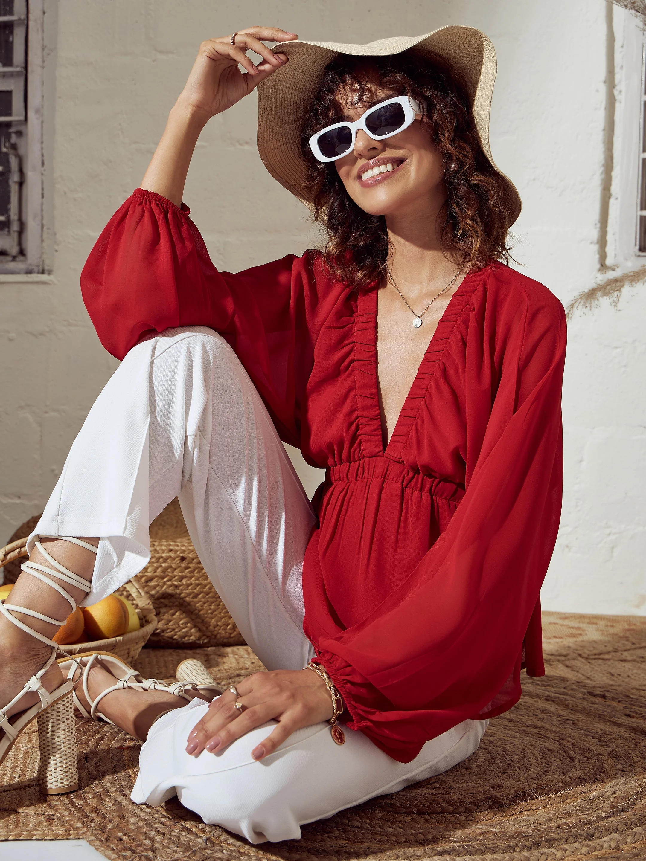 Women Red V-Neck Peplum Top - Image 4