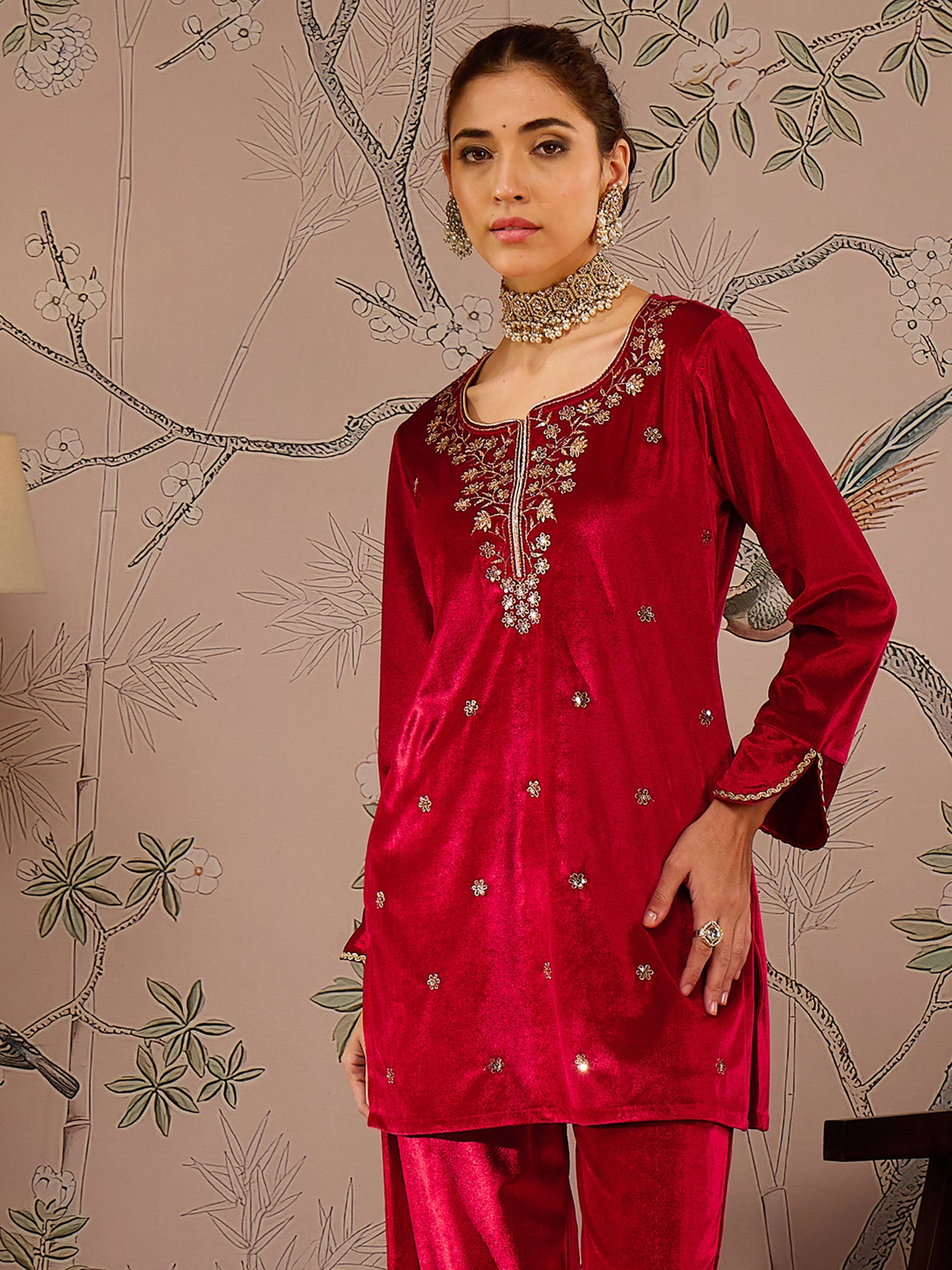 Women Red Velvet Embroidered Short Kurta With Straight Pants - Image 2