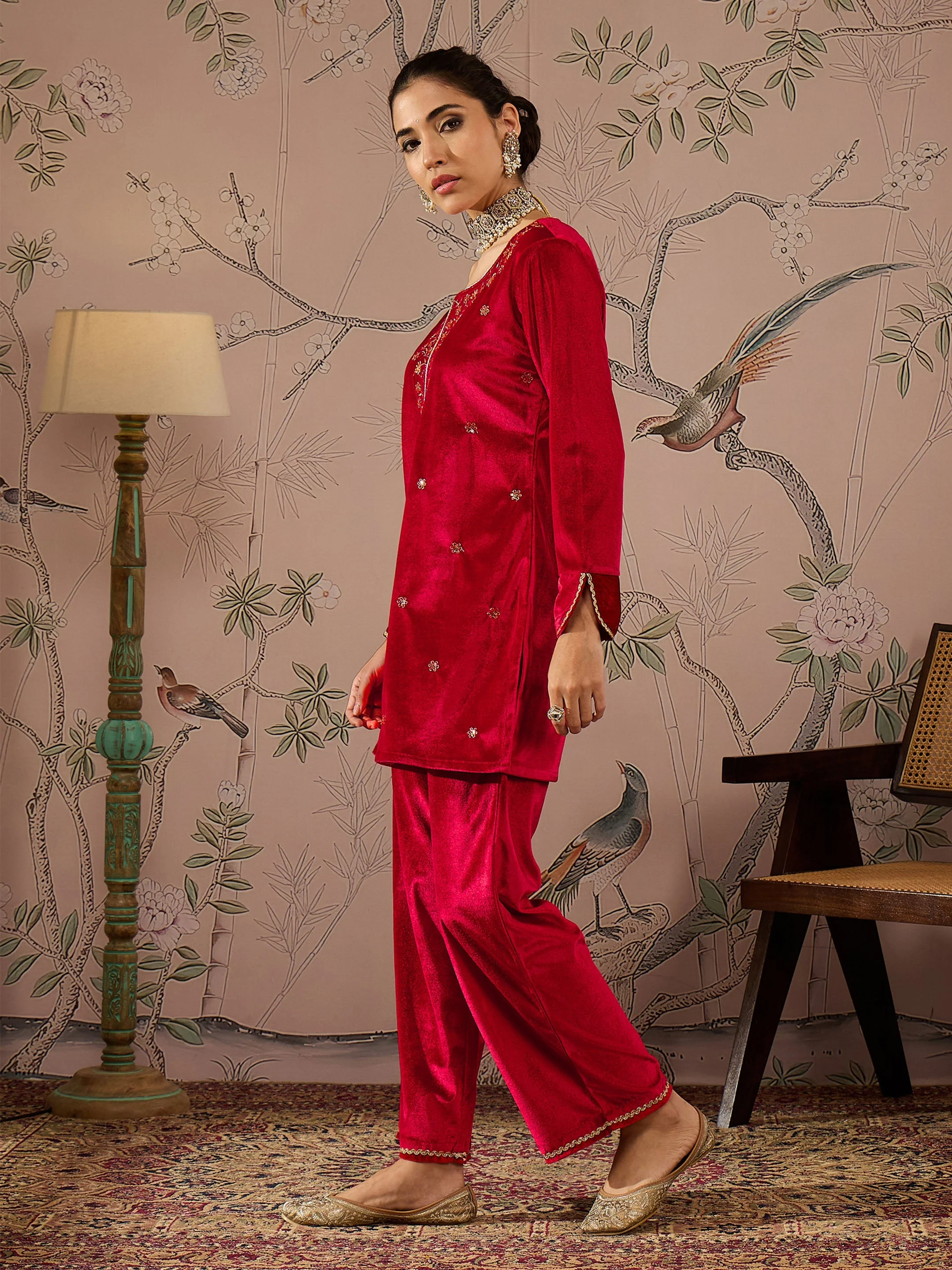 Women Red Velvet Embroidered Short Kurta With Straight Pants - Image 3