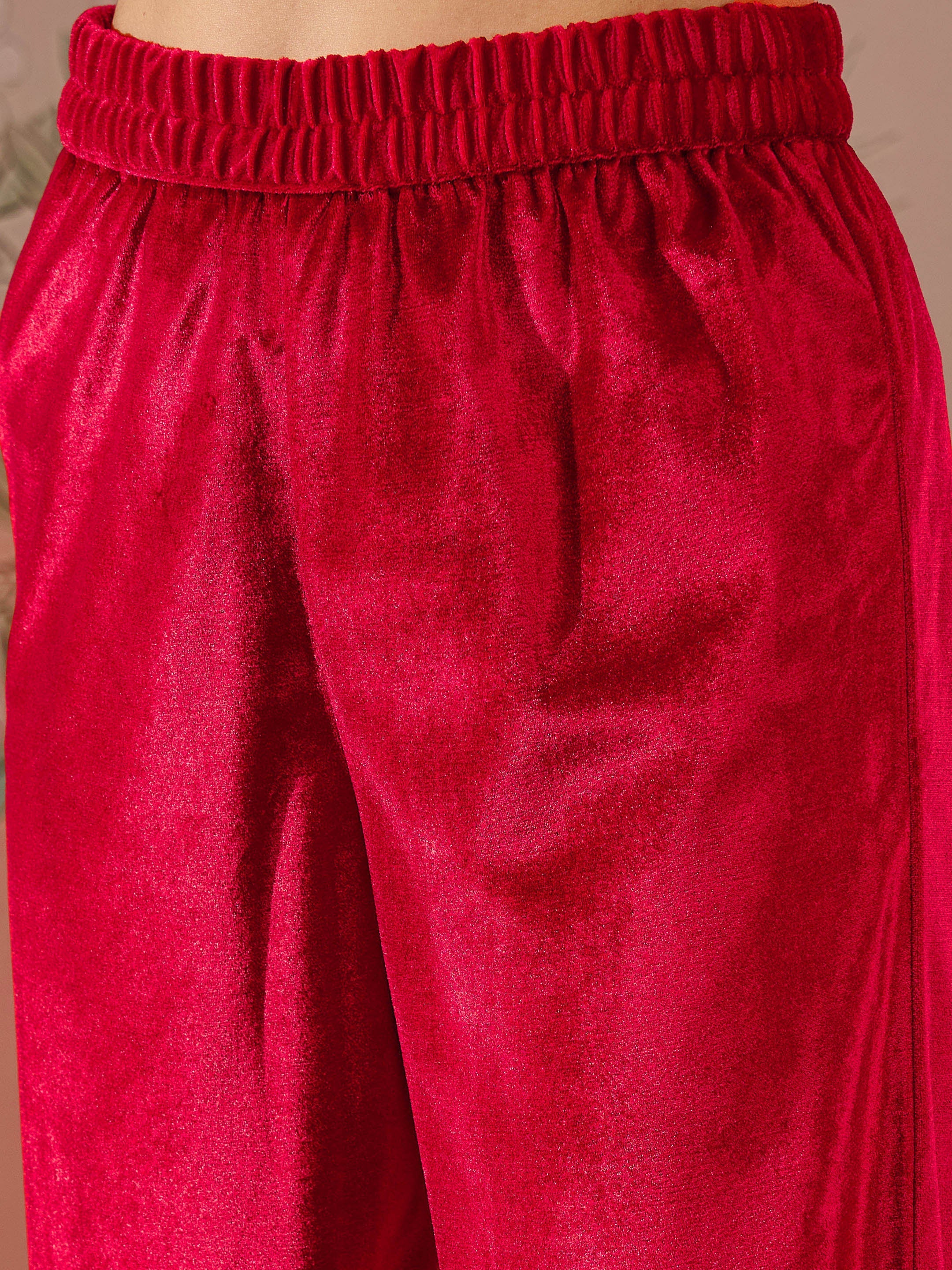 Women Red Velvet Embroidered Short Kurta With Straight Pants - Image 5