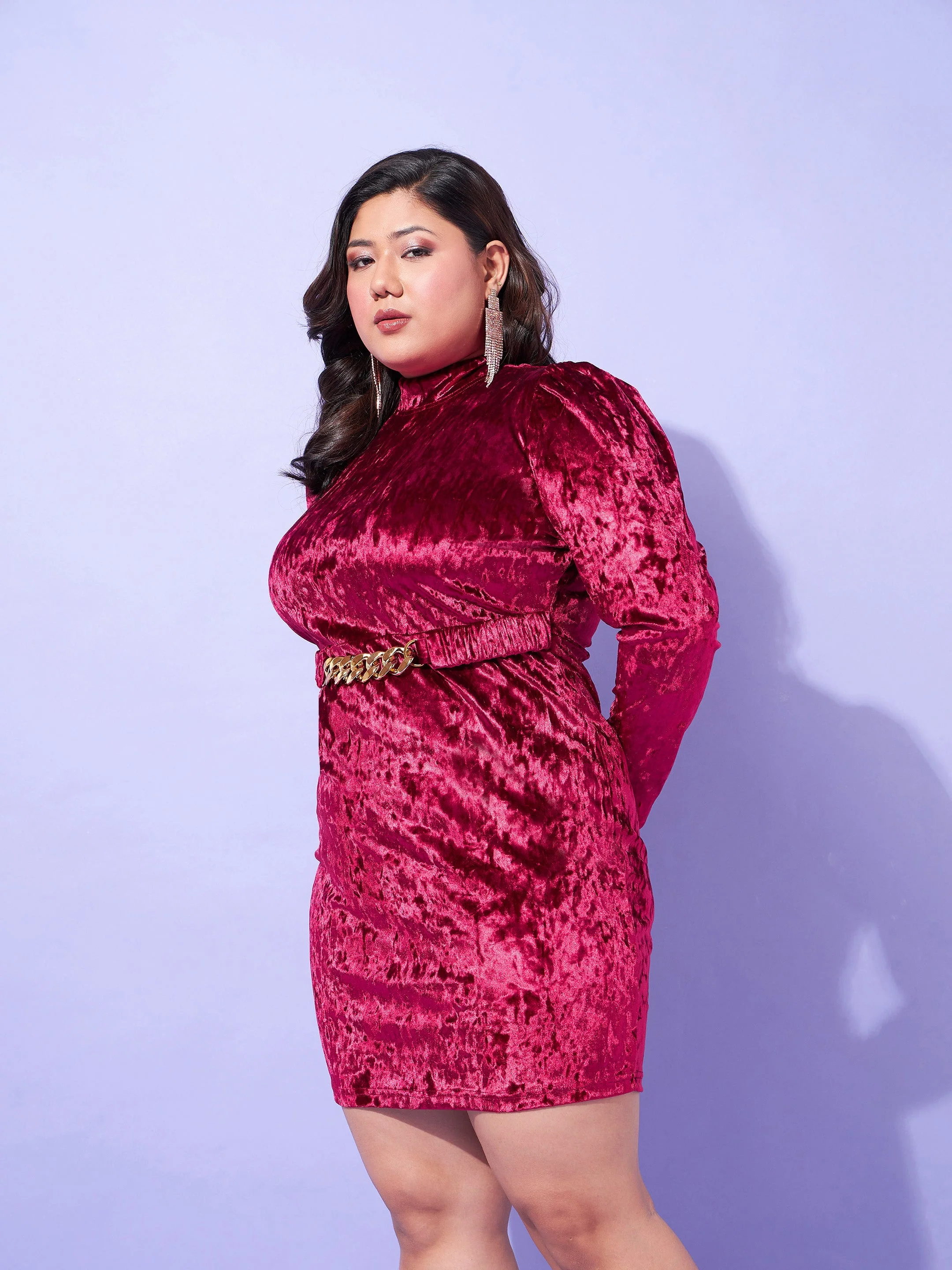 Women Red Velvet High Neck Bodycon Dress - Image 3