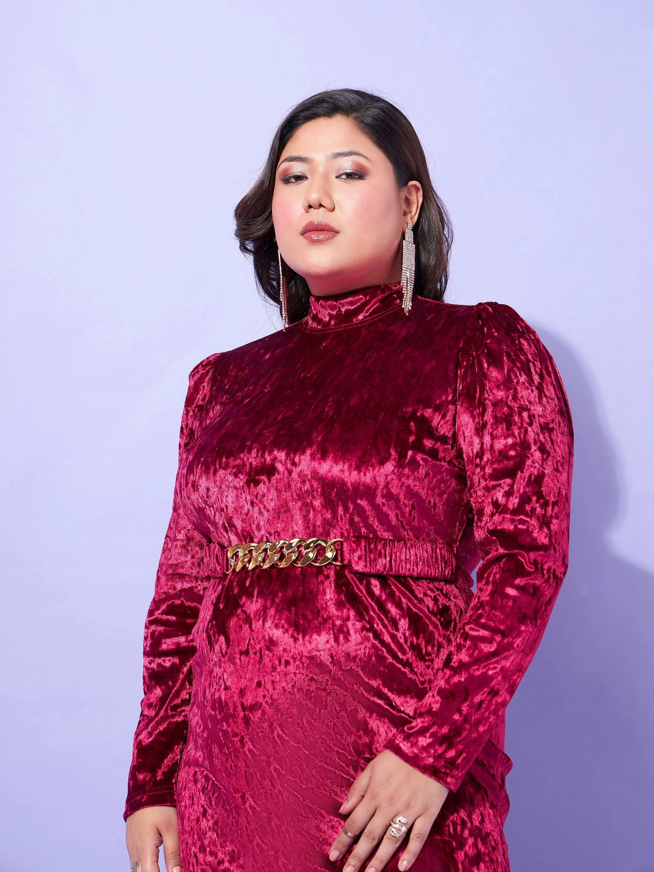 Women Red Velvet High Neck Bodycon Dress - Image 4