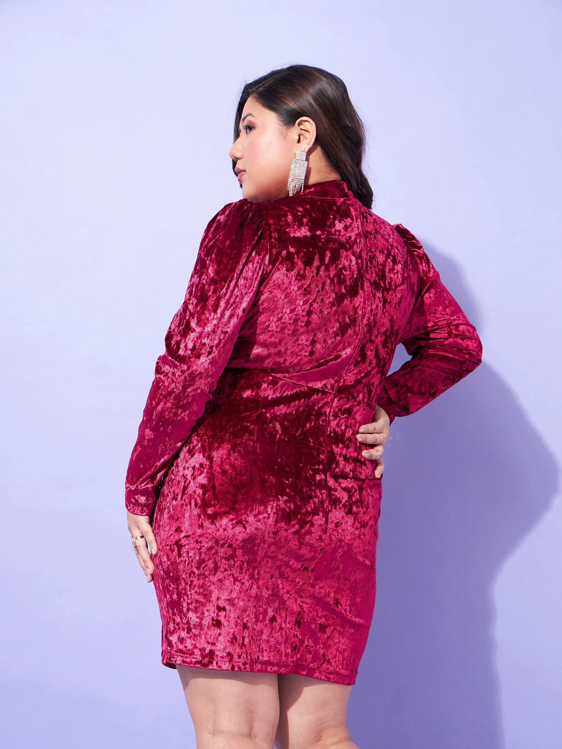 Women Red Velvet High Neck Bodycon Dress - Image 5