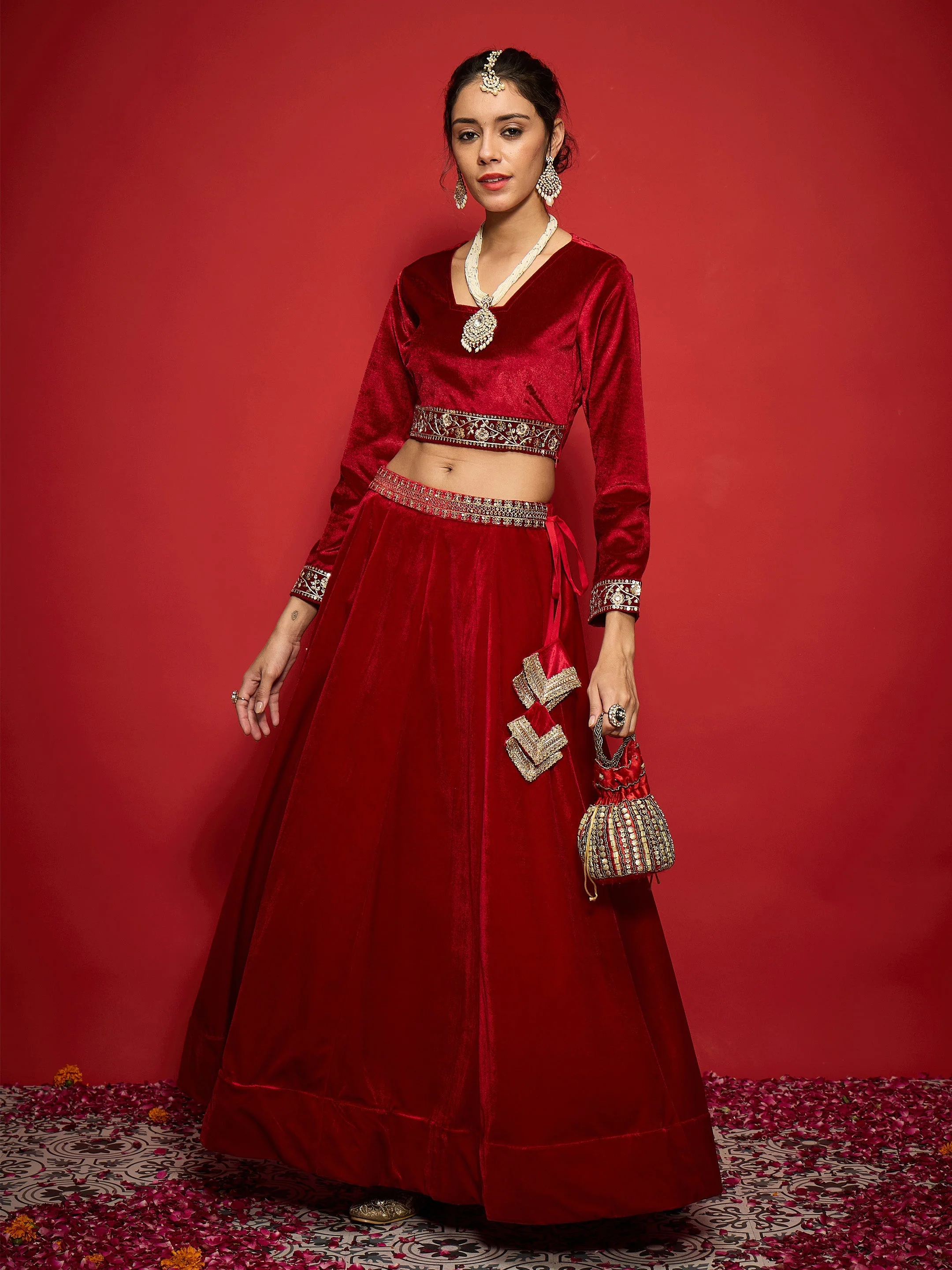Women Red Velvet Square Neck Crop Top - Image 2
