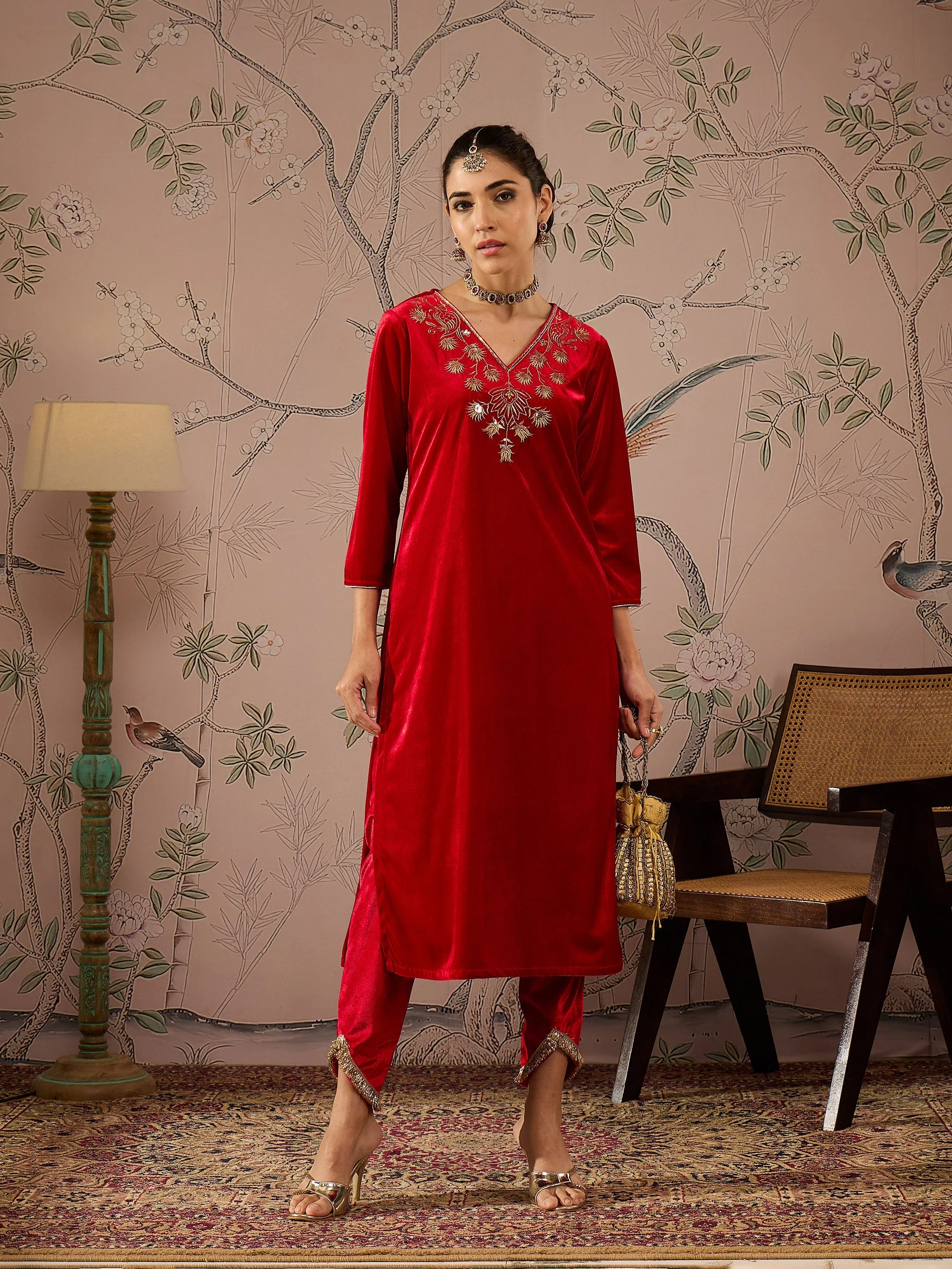 Women Red Velvet Tulip Pants - Image 2
