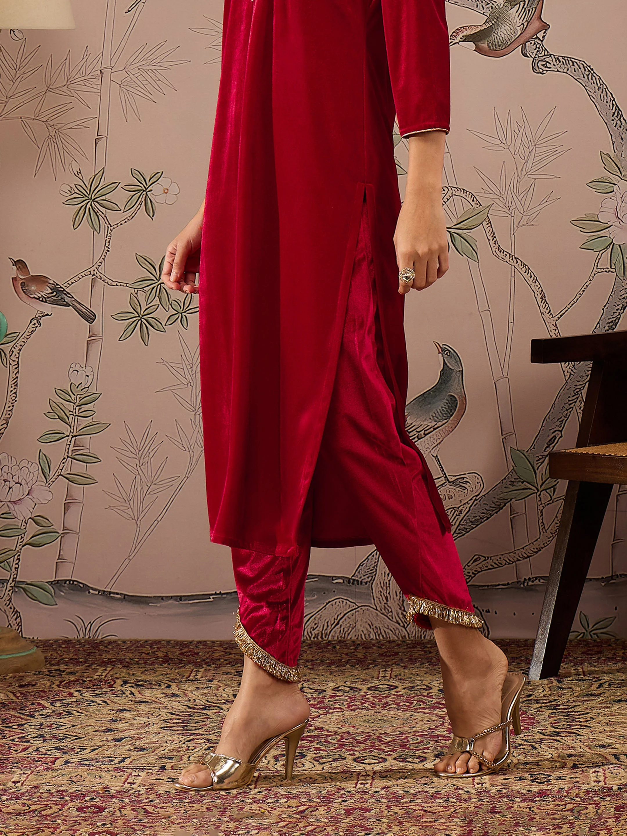 Women Red Velvet Tulip Pants - Image 3