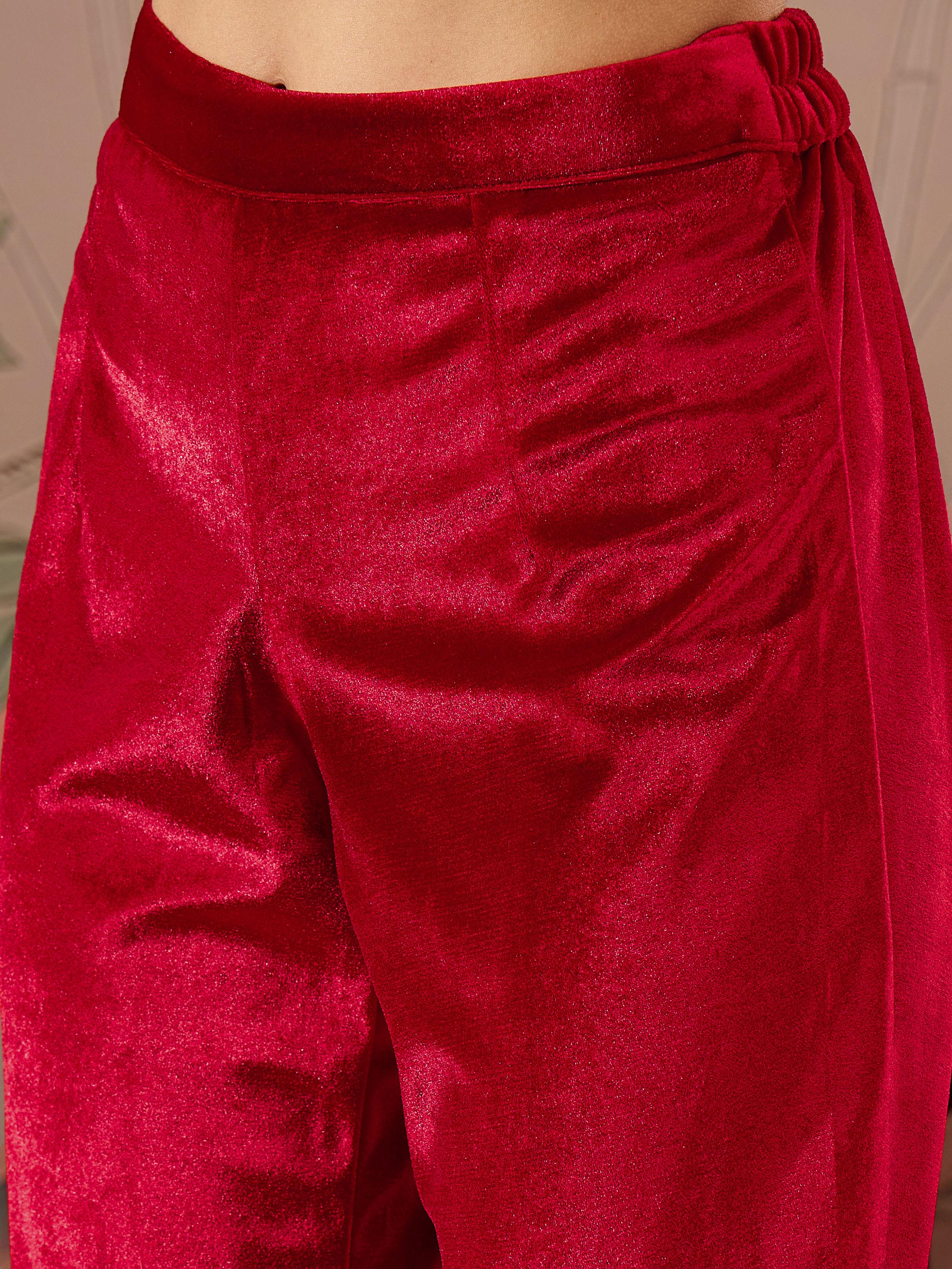 Women Red Velvet Tulip Pants - Image 4