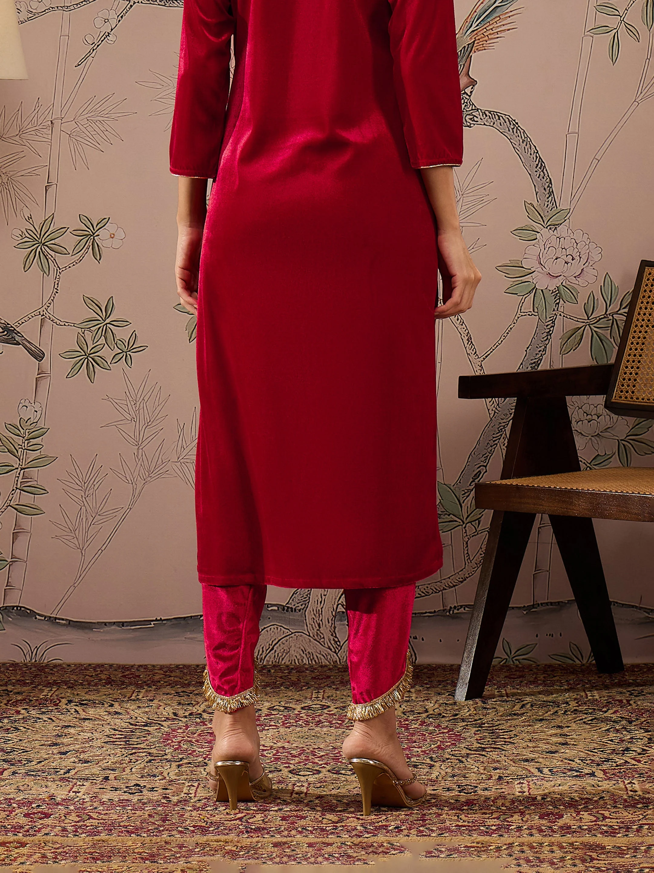 Women Red Velvet Tulip Pants - Image 5