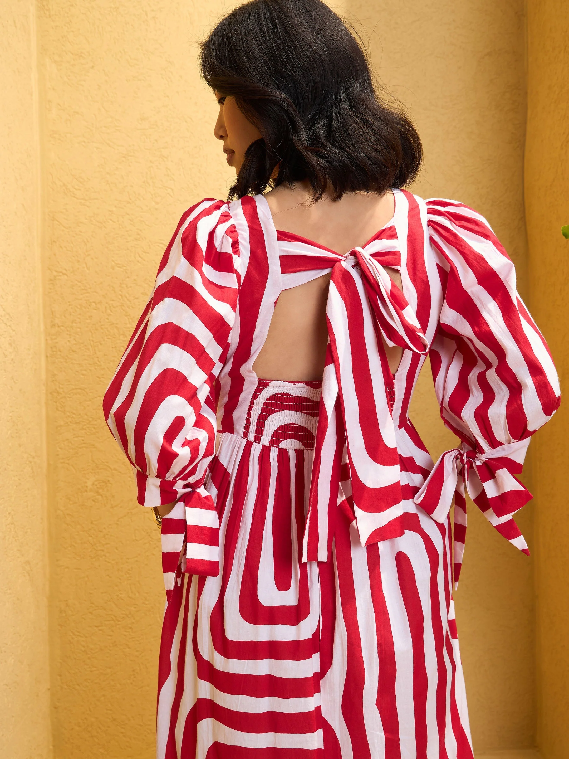 Women Red & White Back Cut-out Knot Maxi Dress - Image 2