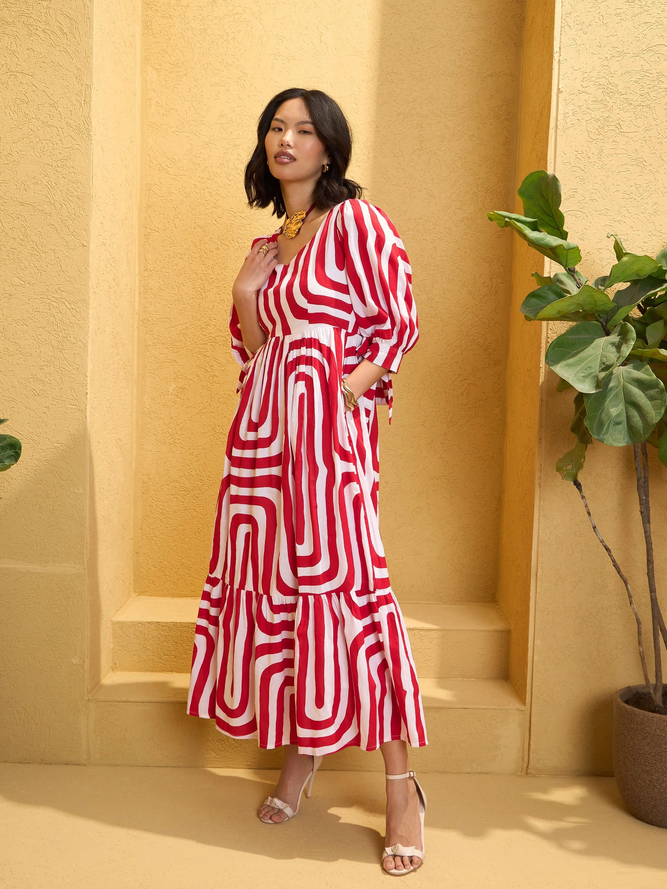 Women Red & White Back Cut-out Knot Maxi Dress - Image 5