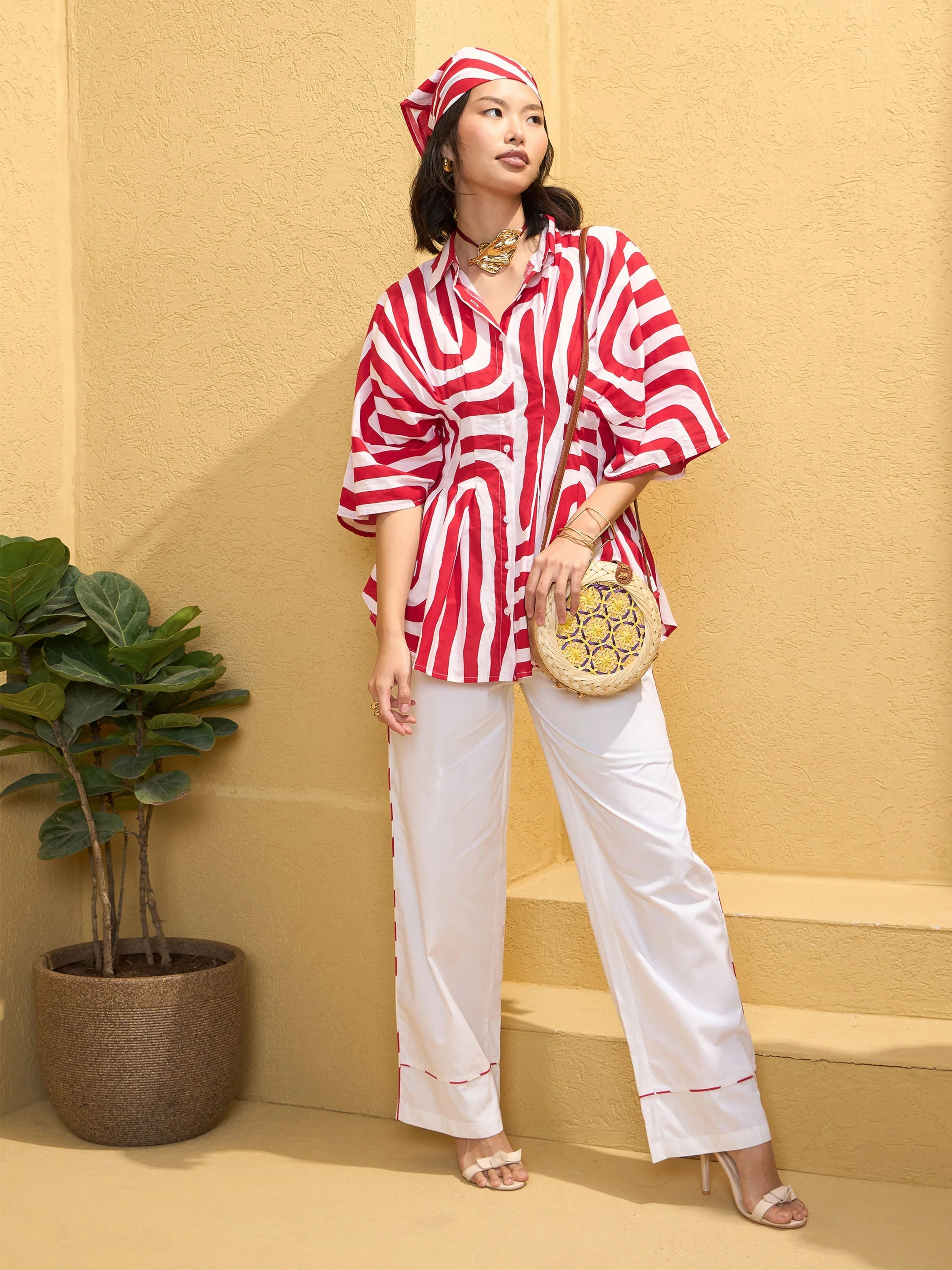 Women Red & White Geometric Shirt With Solid Pants - Image 5