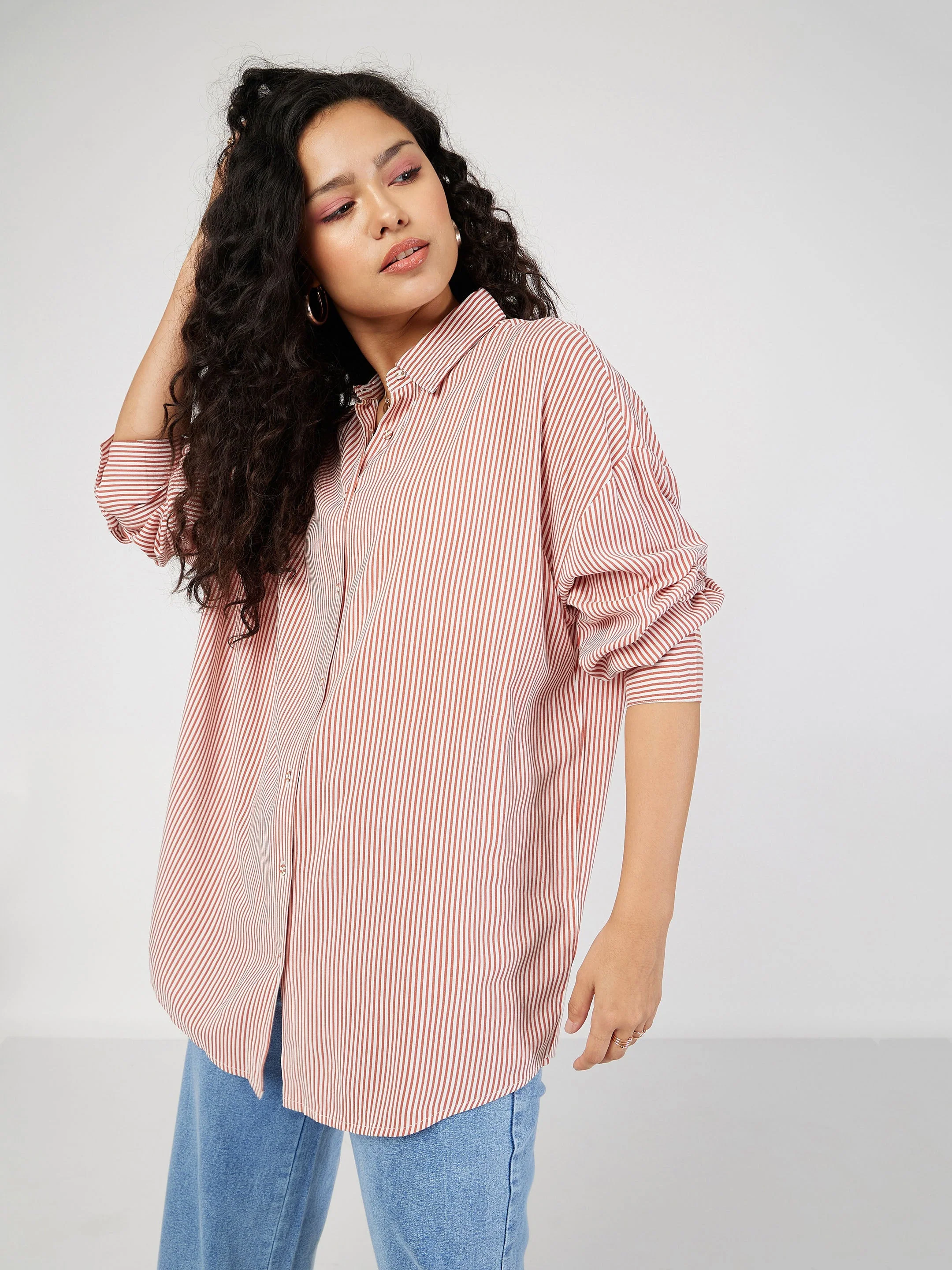 Women Red & White Pinstriped Oversized Shirt - Image 3