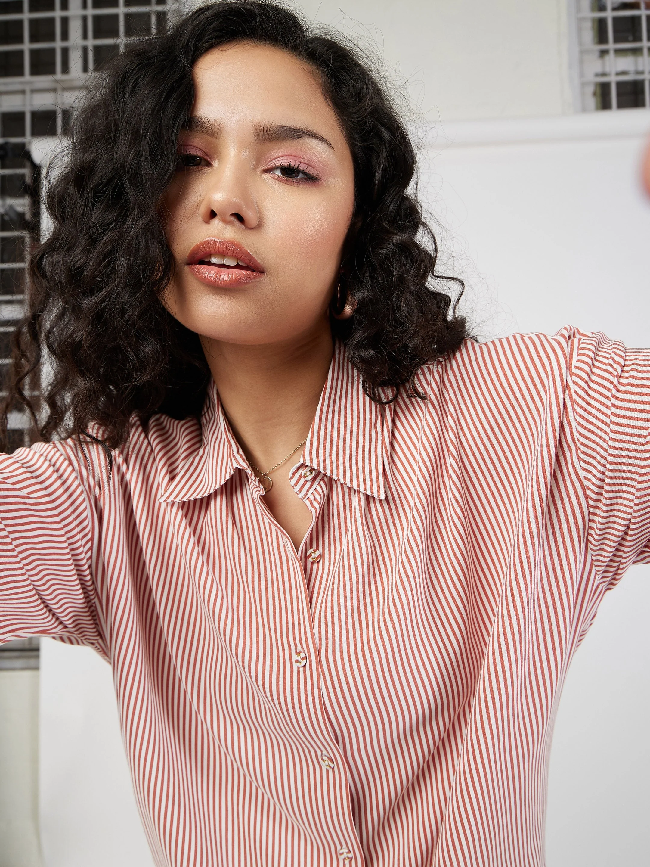 Women Red & White Pinstriped Oversized Shirt - Image 4