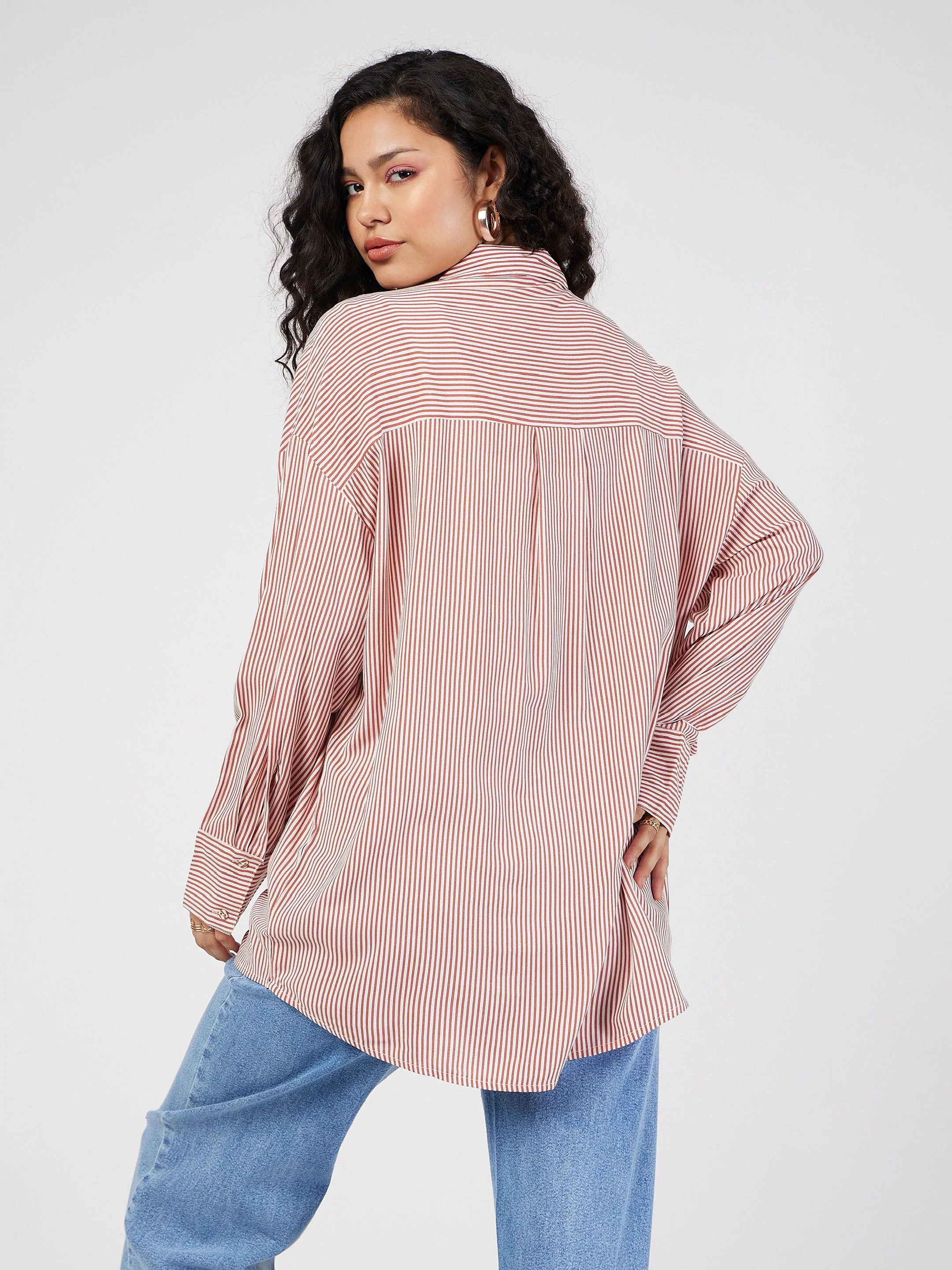 Women Red & White Pinstriped Oversized Shirt - Image 5