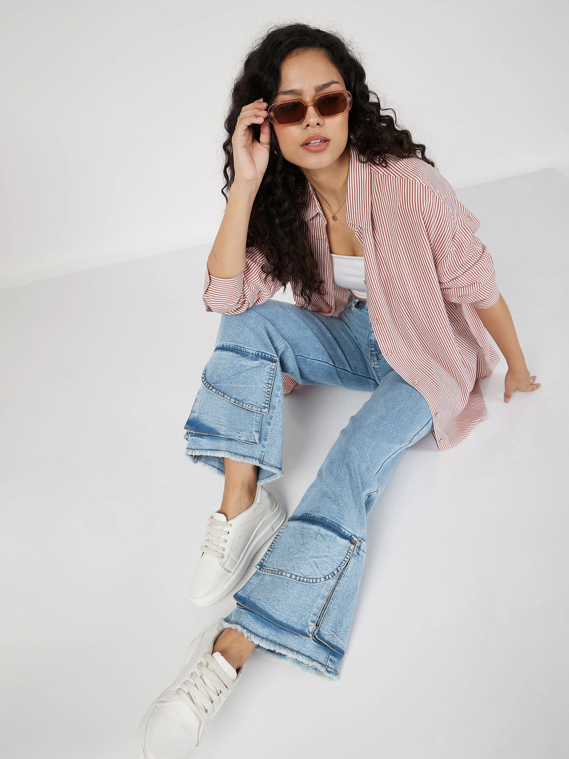 Women Red & White Pinstriped Oversized Shirt - Image 6