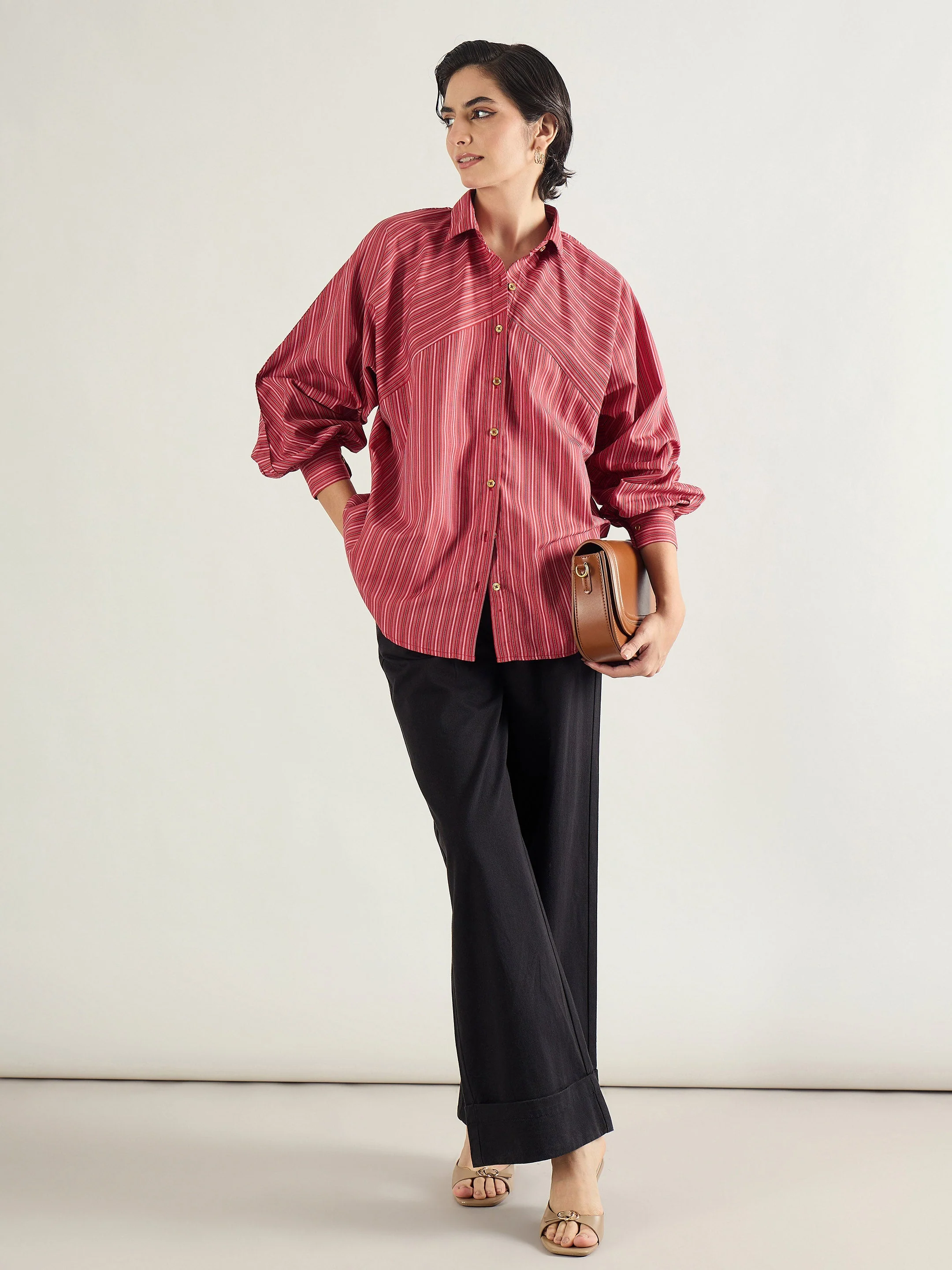 Women Red & White Stripe Oversized Shirt - Image 2