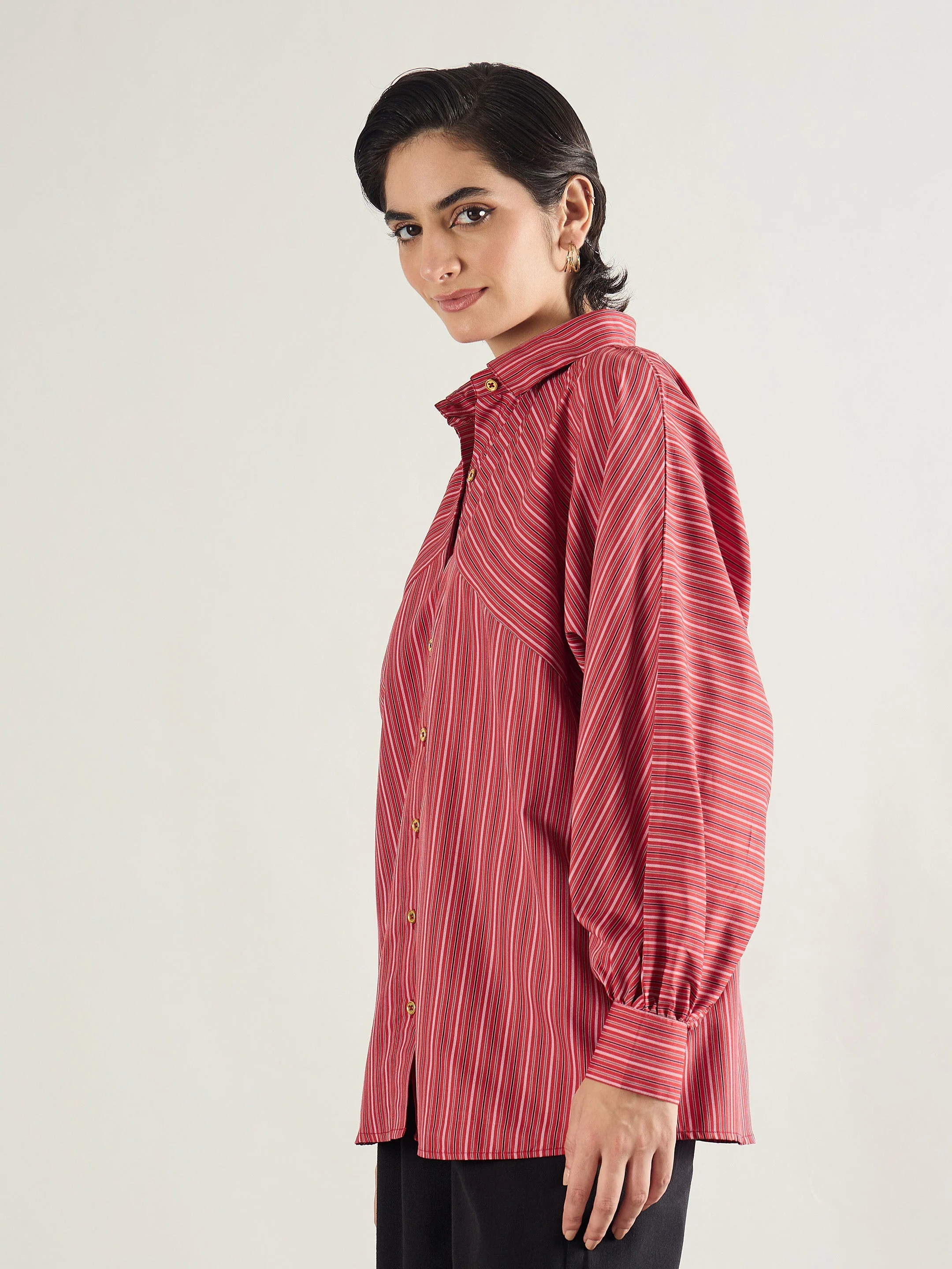 Women Red & White Stripe Oversized Shirt - Image 3