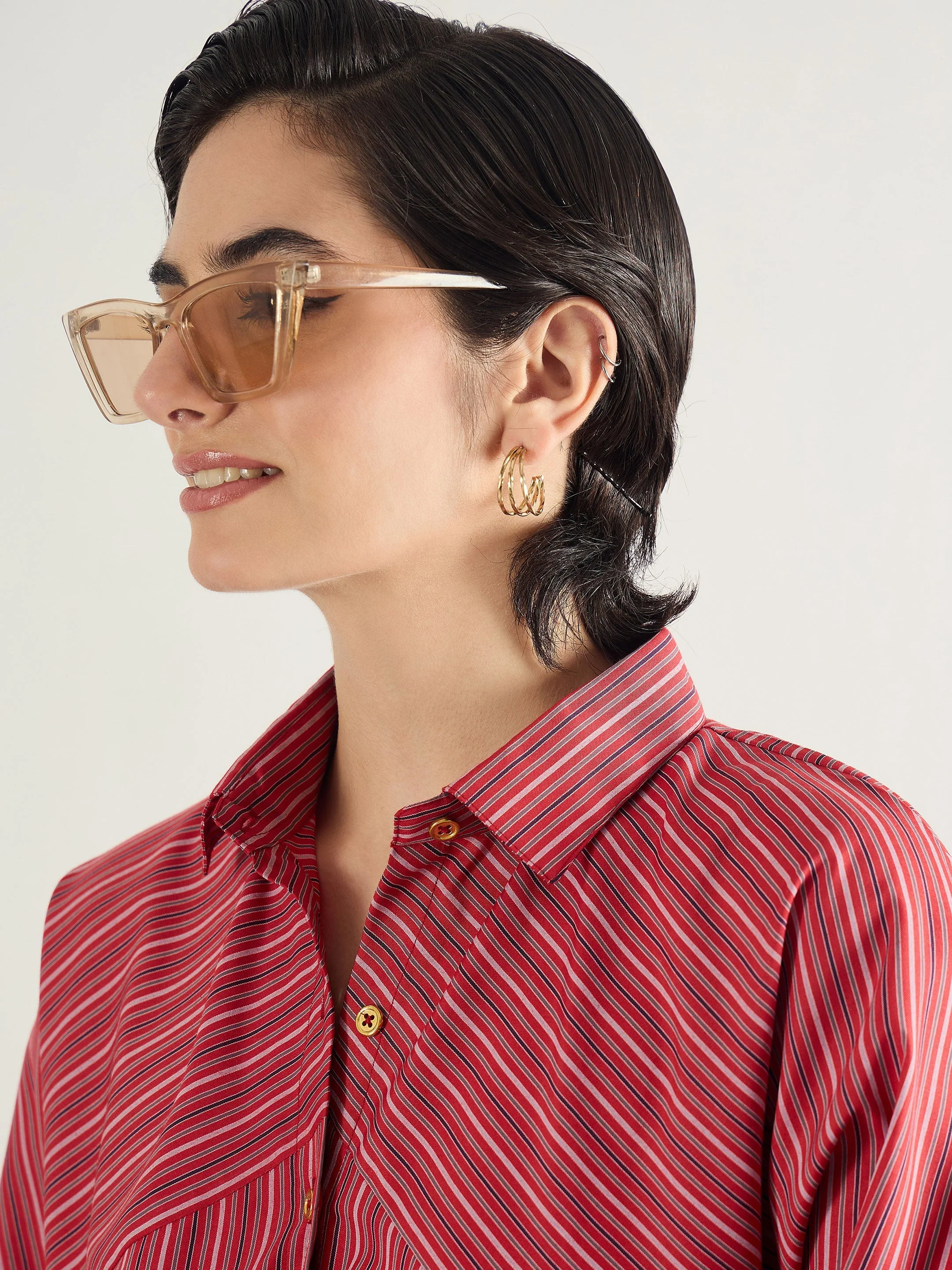 Women Red & White Stripe Oversized Shirt - Image 4