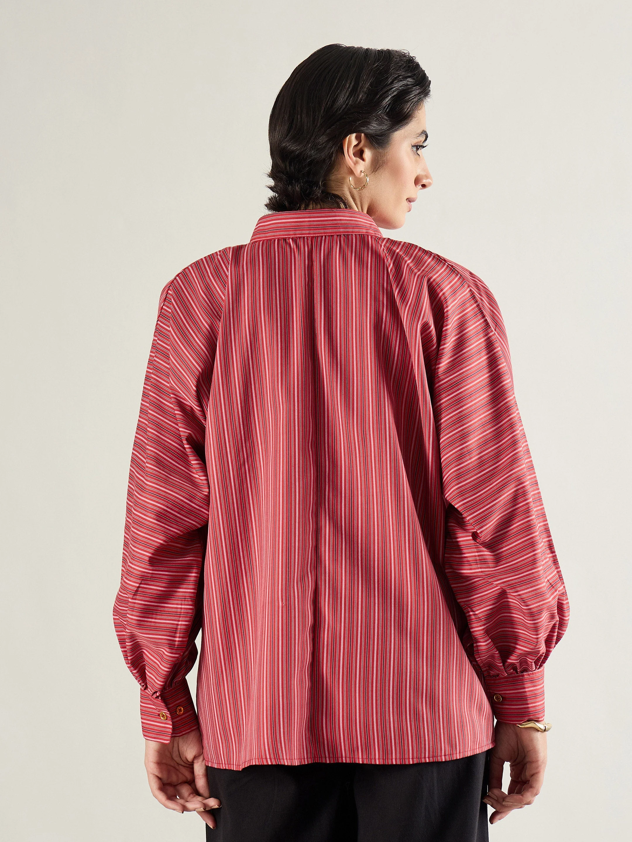 Women Red & White Stripe Oversized Shirt - Image 5