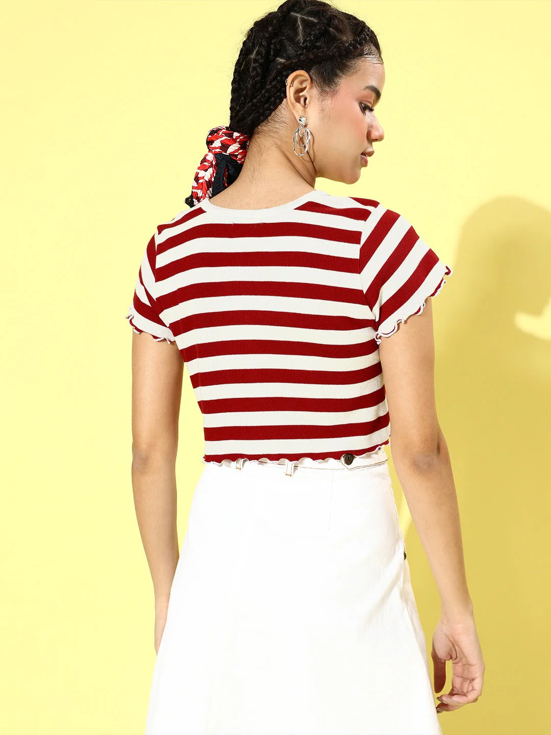 Women Red & White Stripe V-Neck Rib Crop Top - Image 4