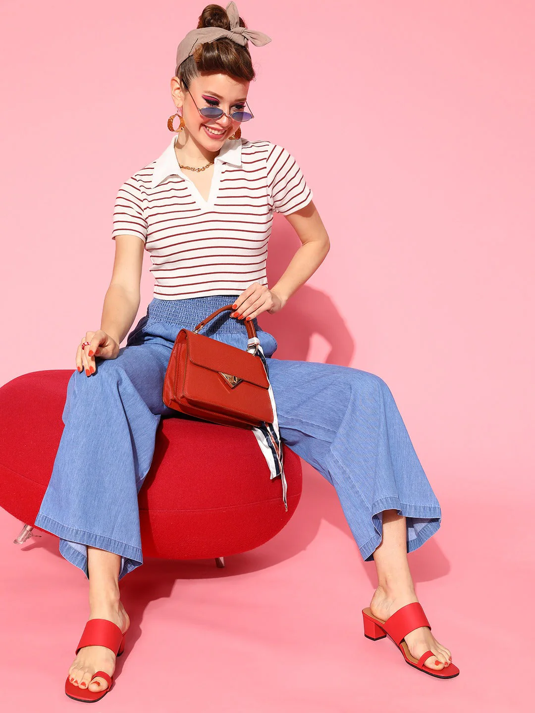 Women Red & White Striped Crop Polo T-Shirt - Image 2