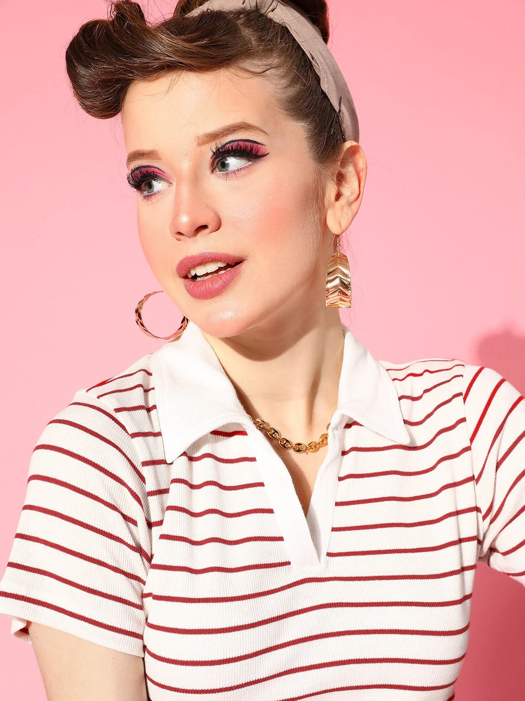 Women Red & White Striped Crop Polo T-Shirt - Image 4