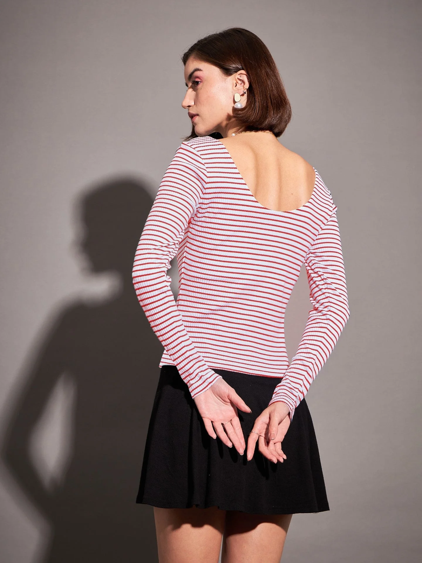 Women Red & White Striped Rib  Top - Image 2