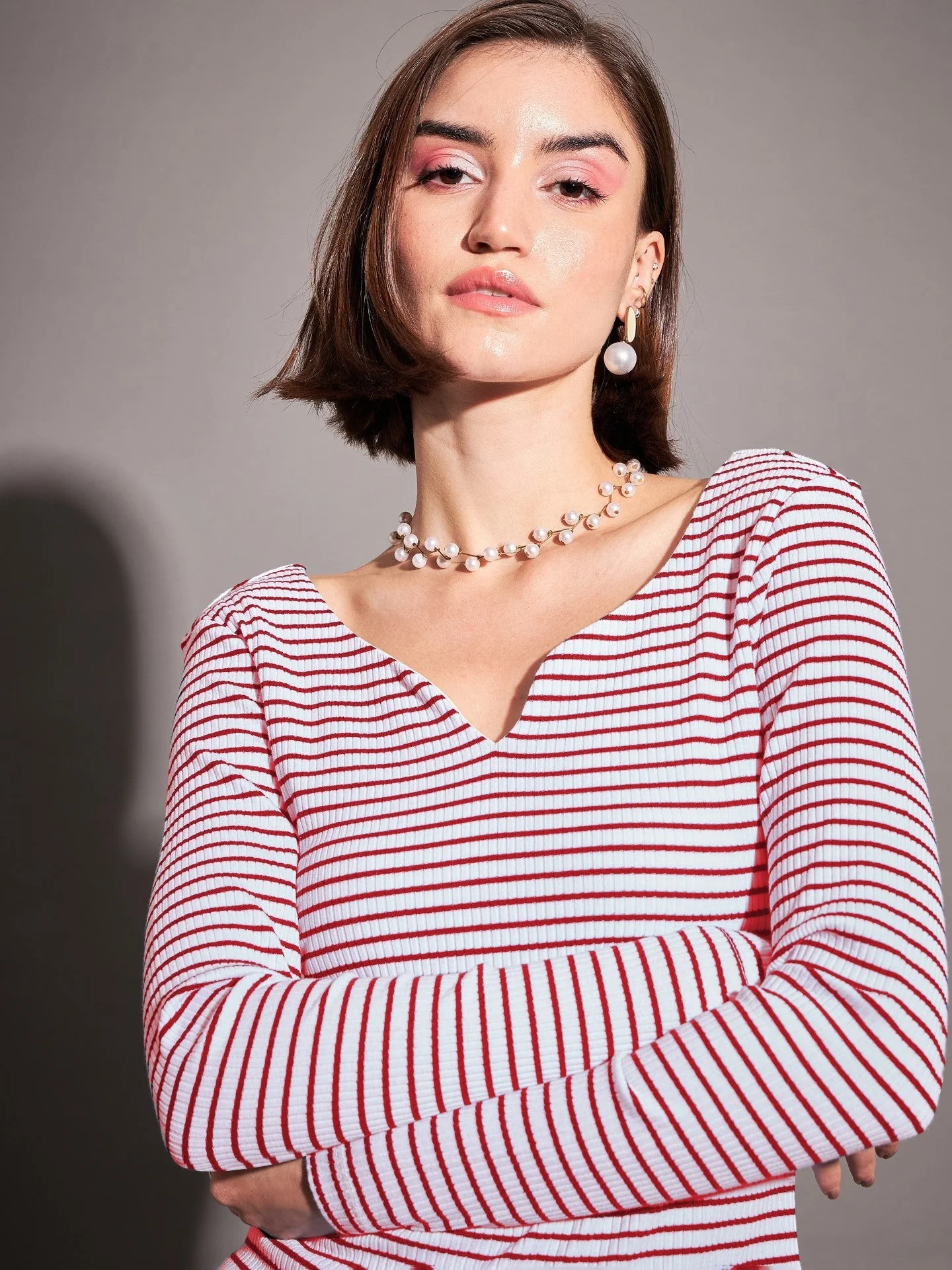 Women Red & White Striped Rib  Top - Image 3