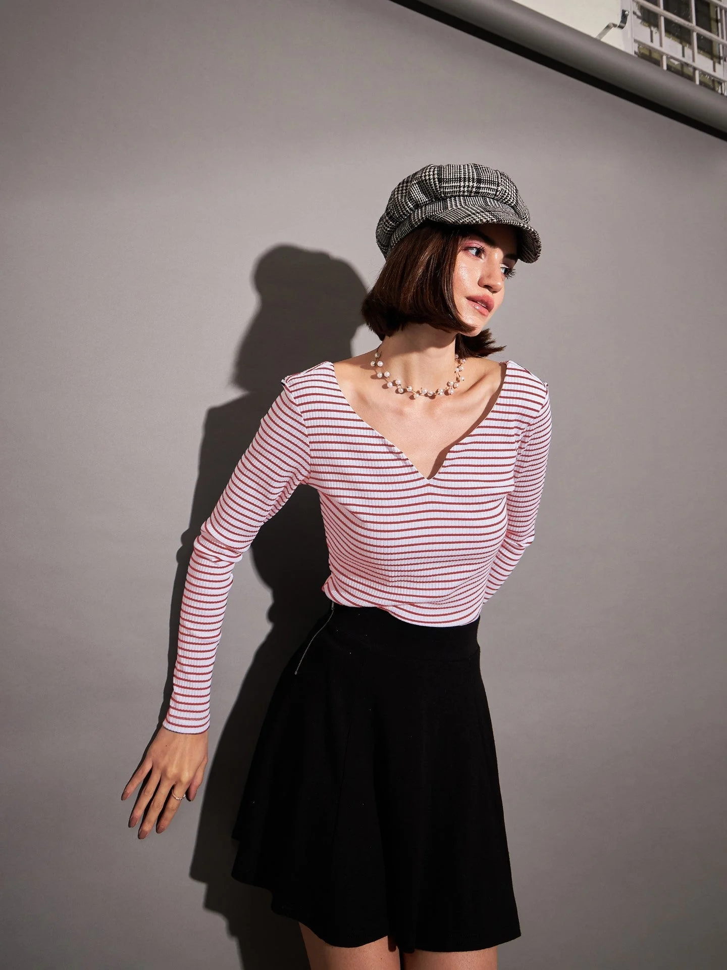 Women Red & White Striped Rib  Top - Image 5