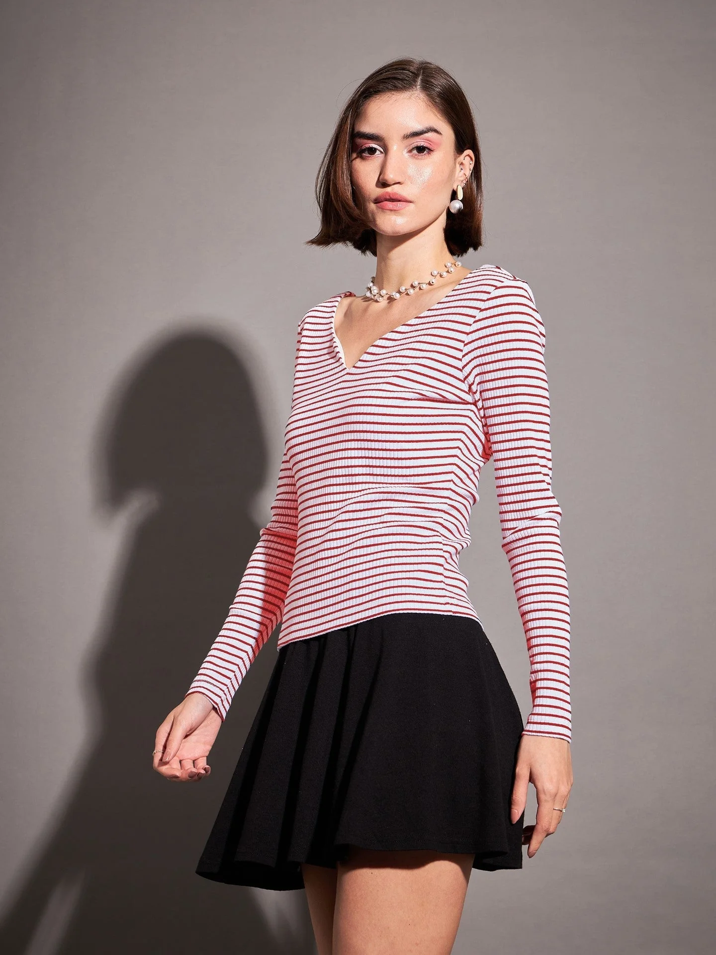 Women Red & White Striped Rib  Top - Image 6