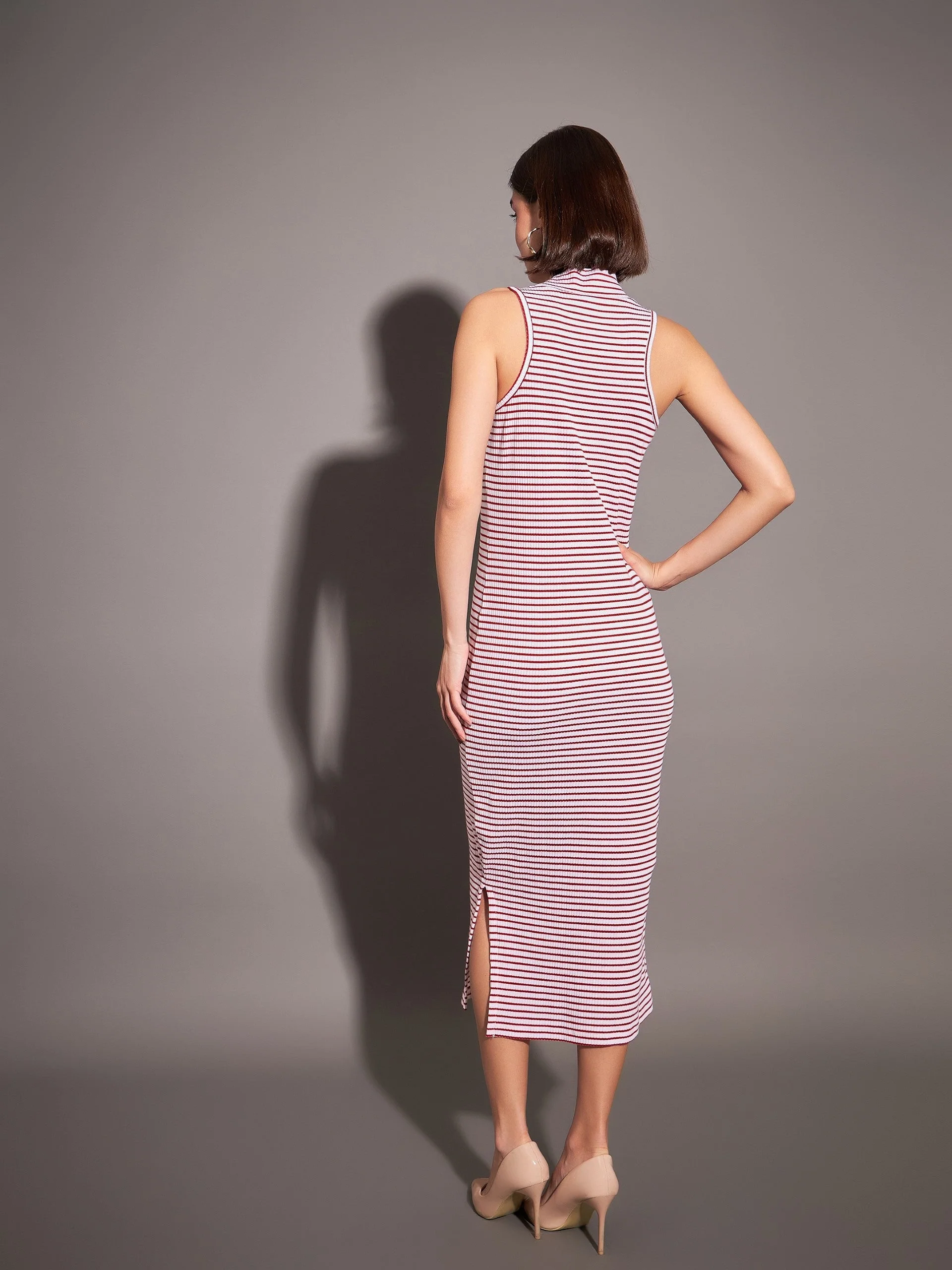 Women Red & White Striped Rib Turtle Neck Sleeveless Dress - Image 3