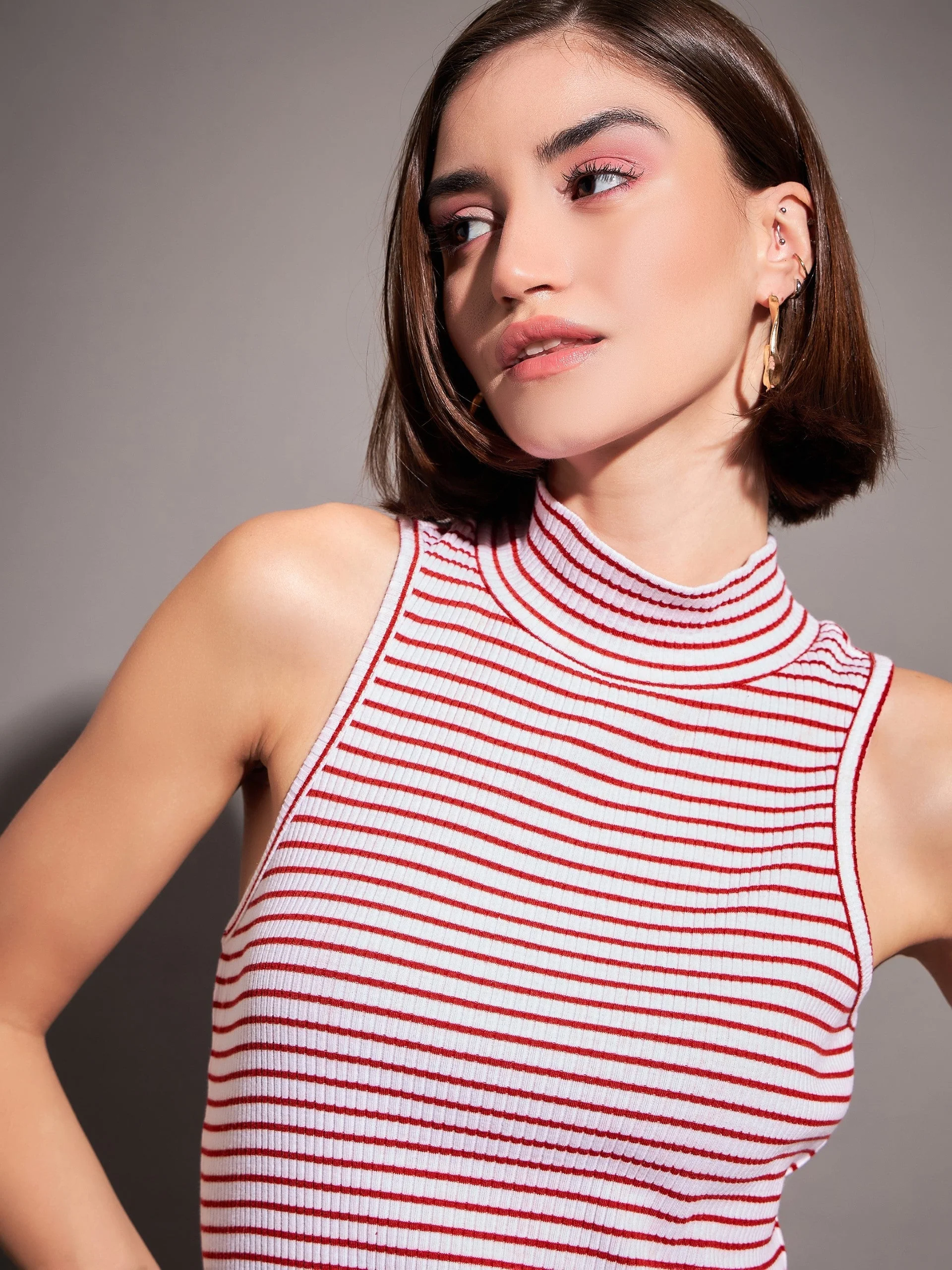Women Red & White Striped Rib Turtle Neck Sleeveless Dress - Image 4