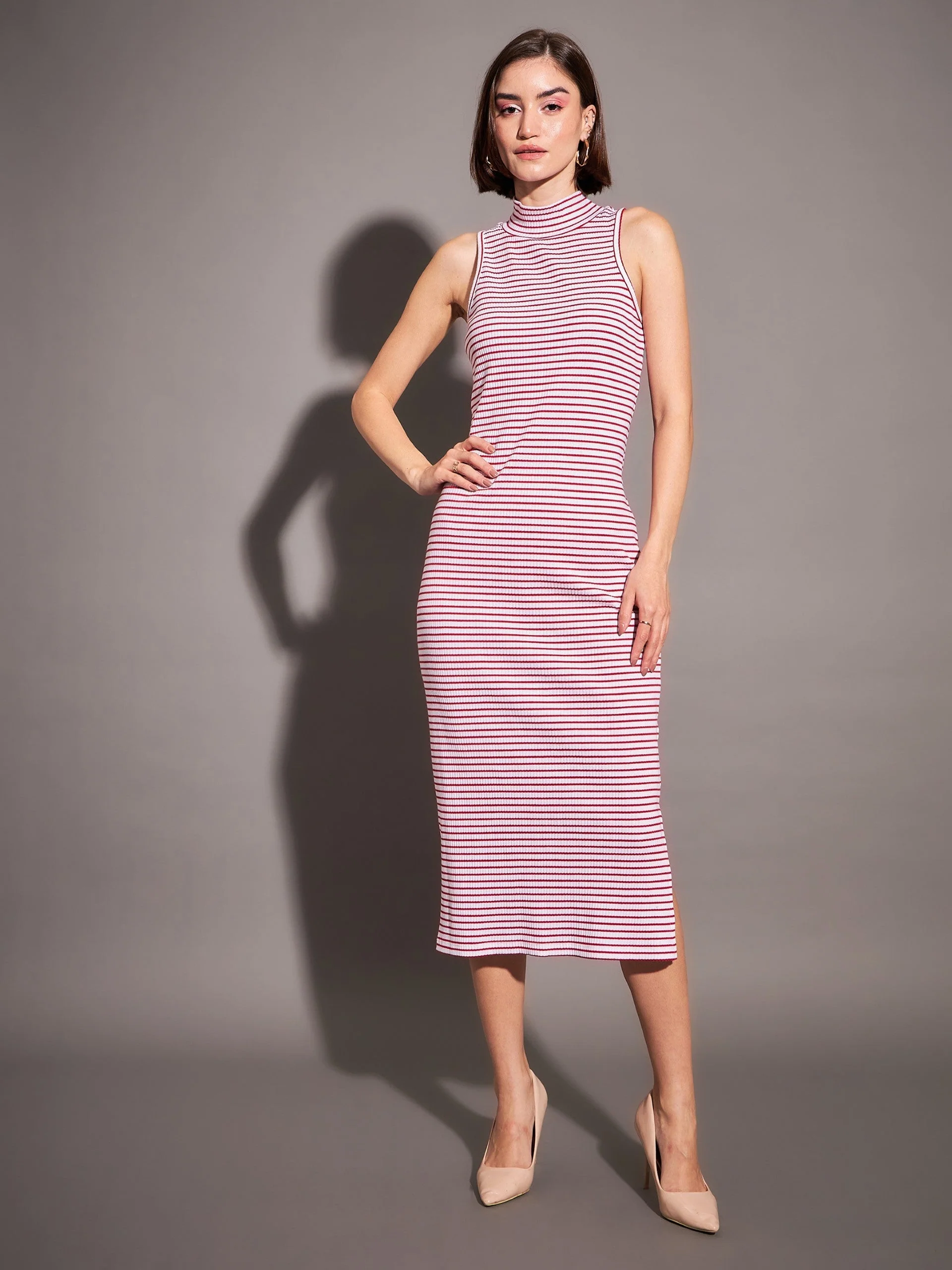 Women Red & White Striped Rib Turtle Neck Sleeveless Dress - Image 5