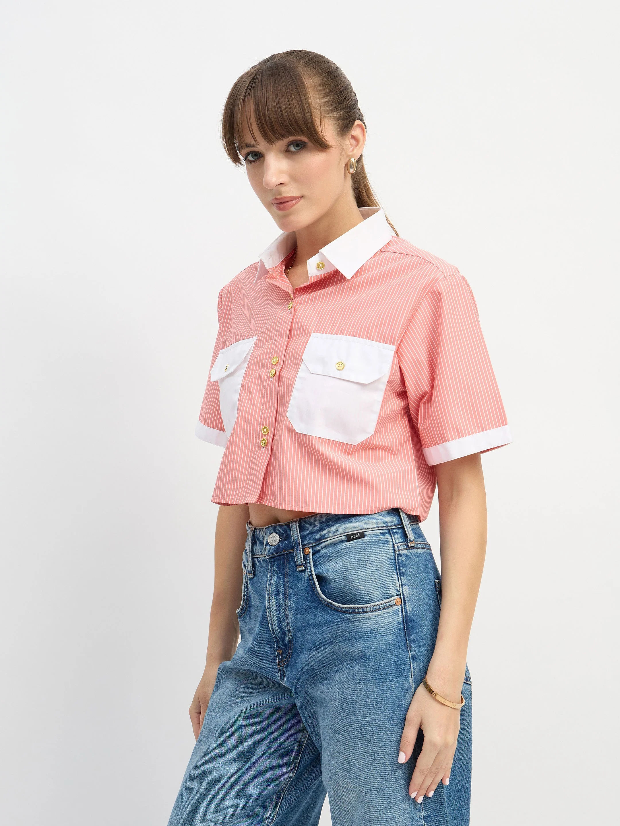 Women Red & White Stripes Crop Shirt - Image 3