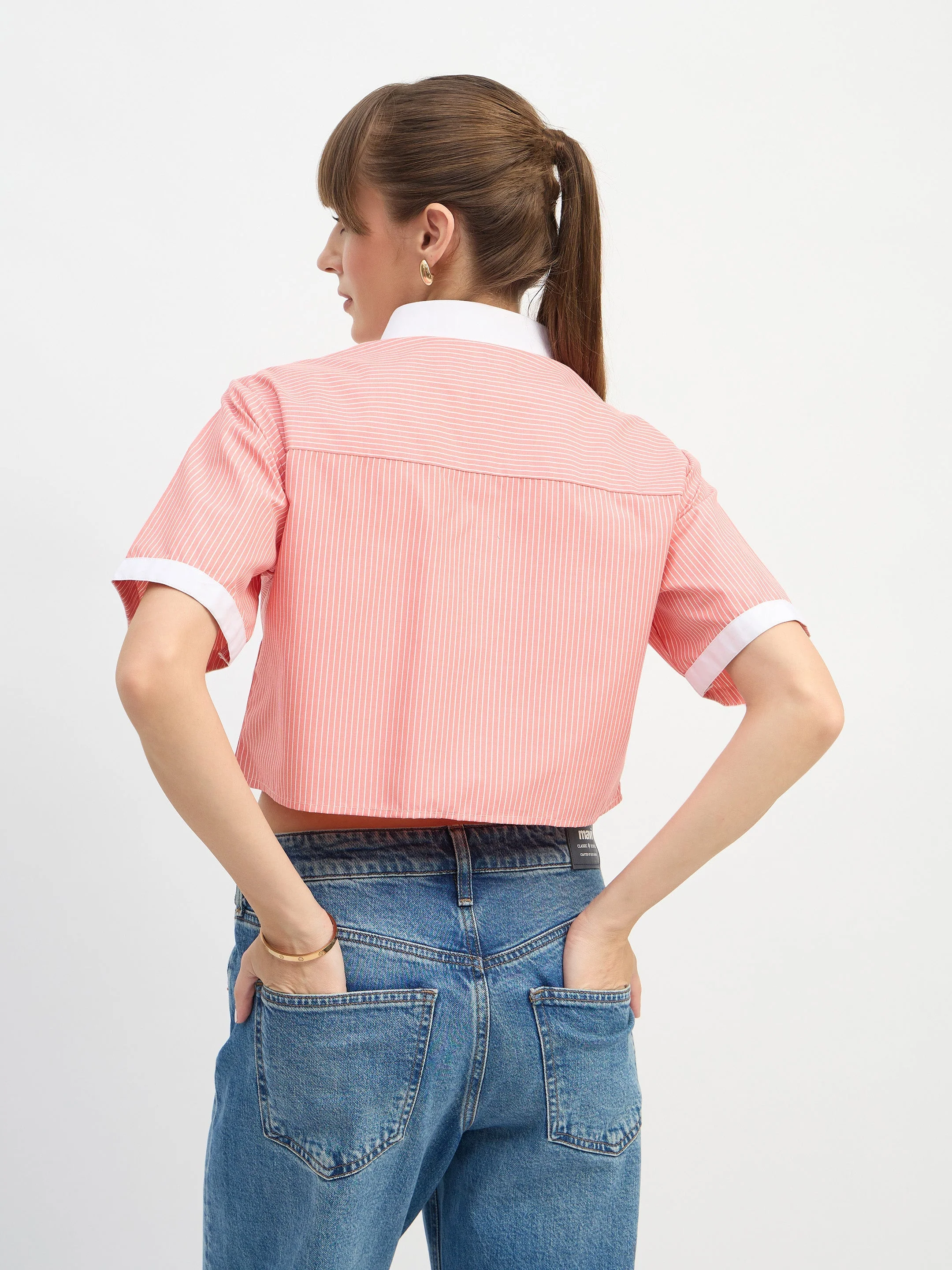 Women Red & White Stripes Crop Shirt - Image 5