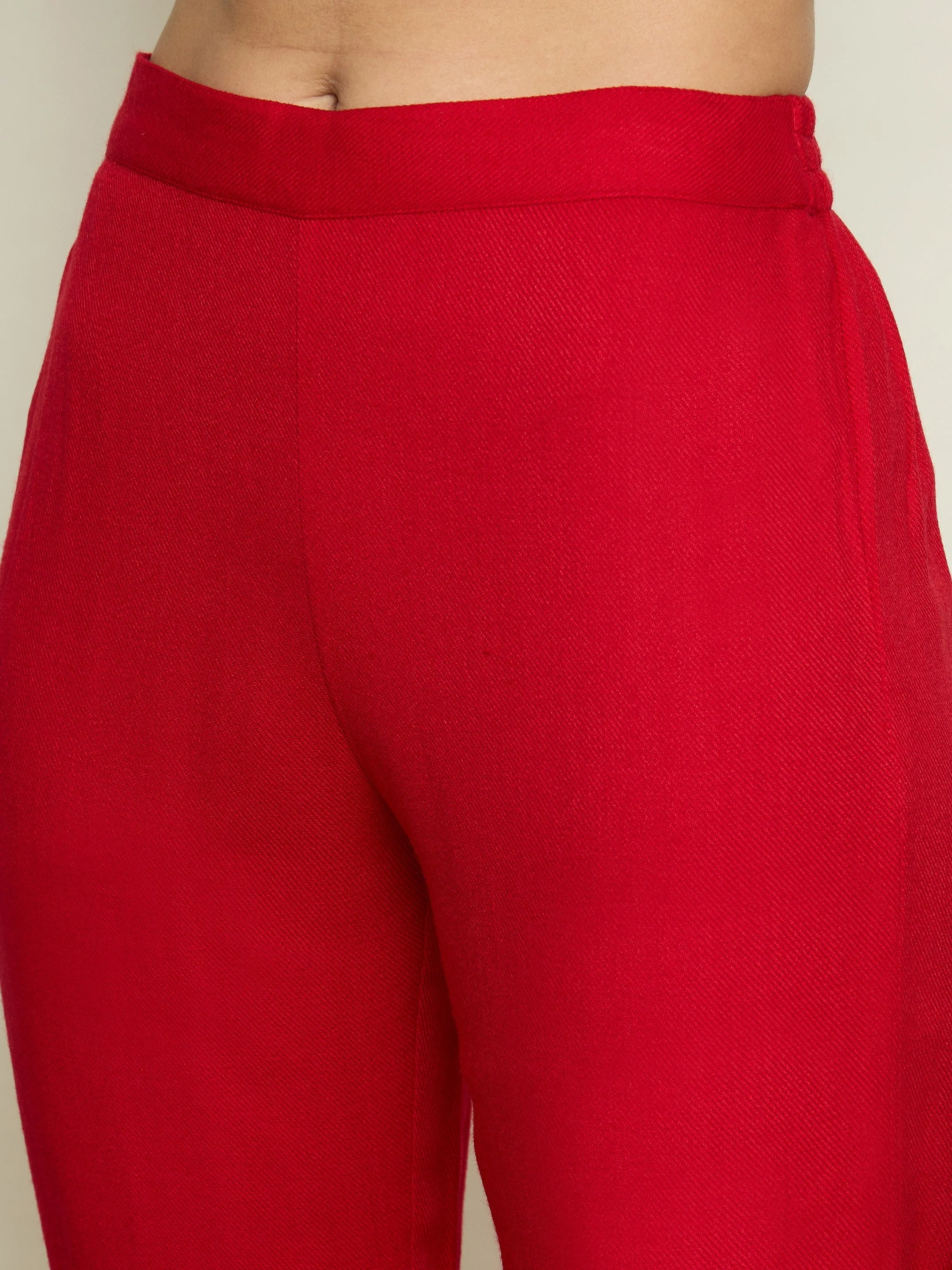 Women Red Woollen Embroidered Round Neck Short Kurta With Pencil Pants - Image 3