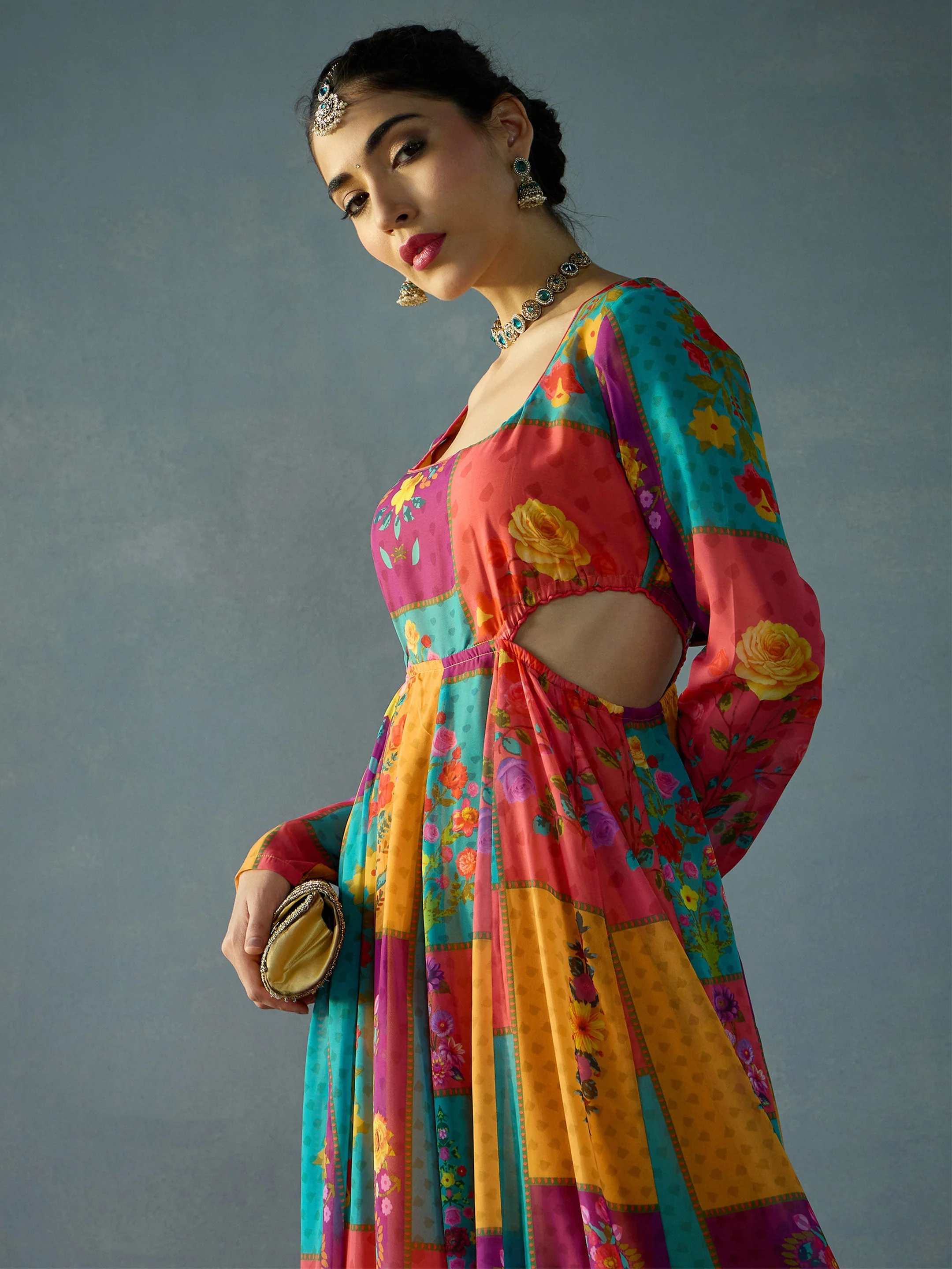 Women Red & Yellow Multi Color Side Cut Out Anakali Kurta - Image 2