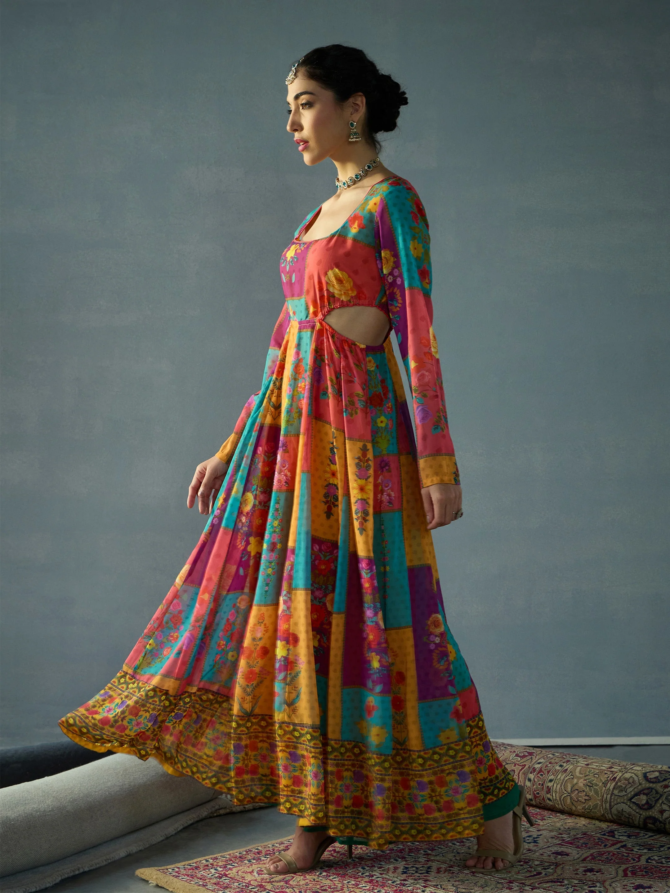 Women Red & Yellow Multi Color Side Cut Out Anakali Kurta - Image 3