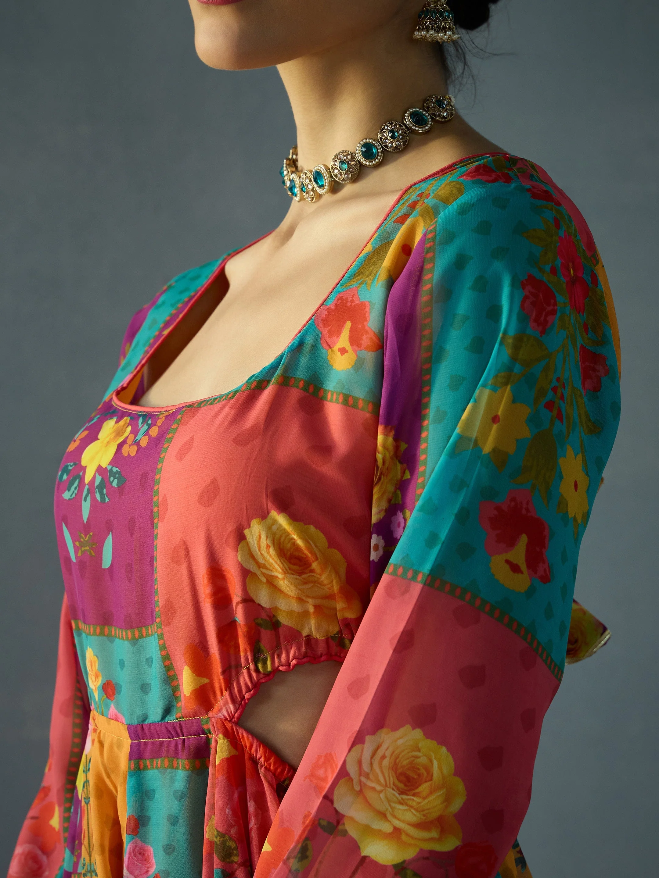 Women Red & Yellow Multi Color Side Cut Out Anakali Kurta - Image 4
