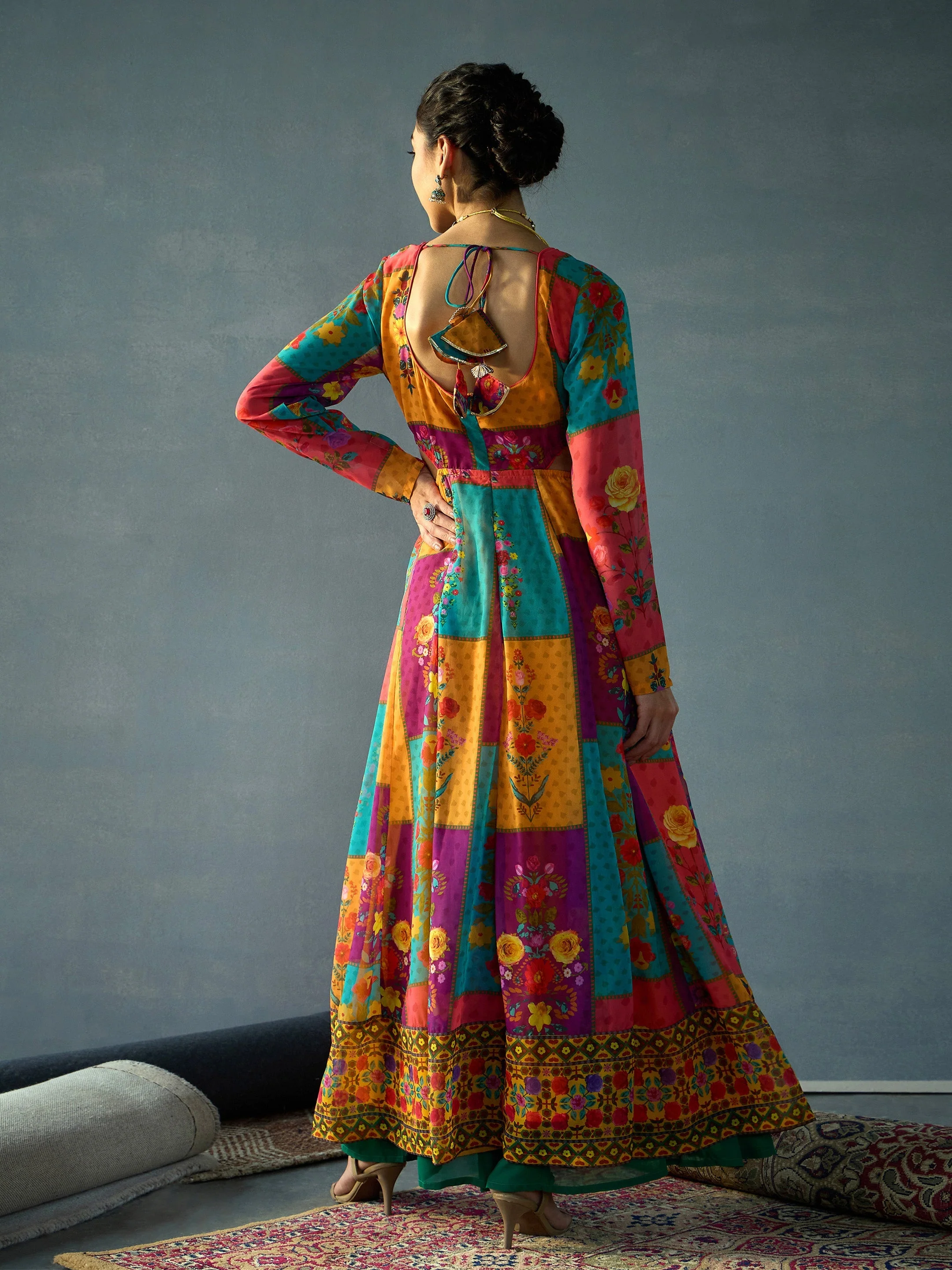 Women Red & Yellow Multi Color Side Cut Out Anakali Kurta - Image 5