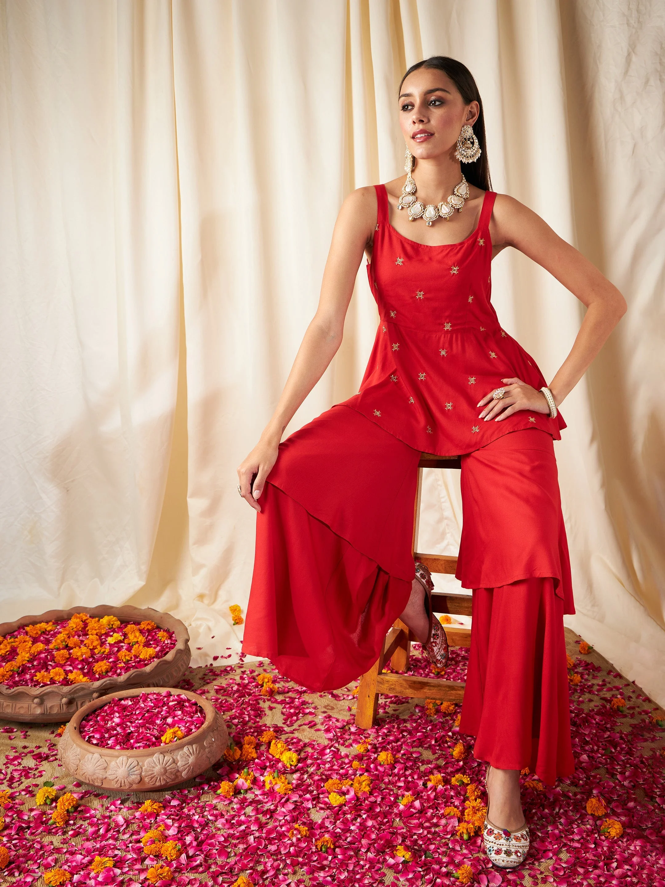 Women Red Zari Embroidered Strappy Top - Image 2