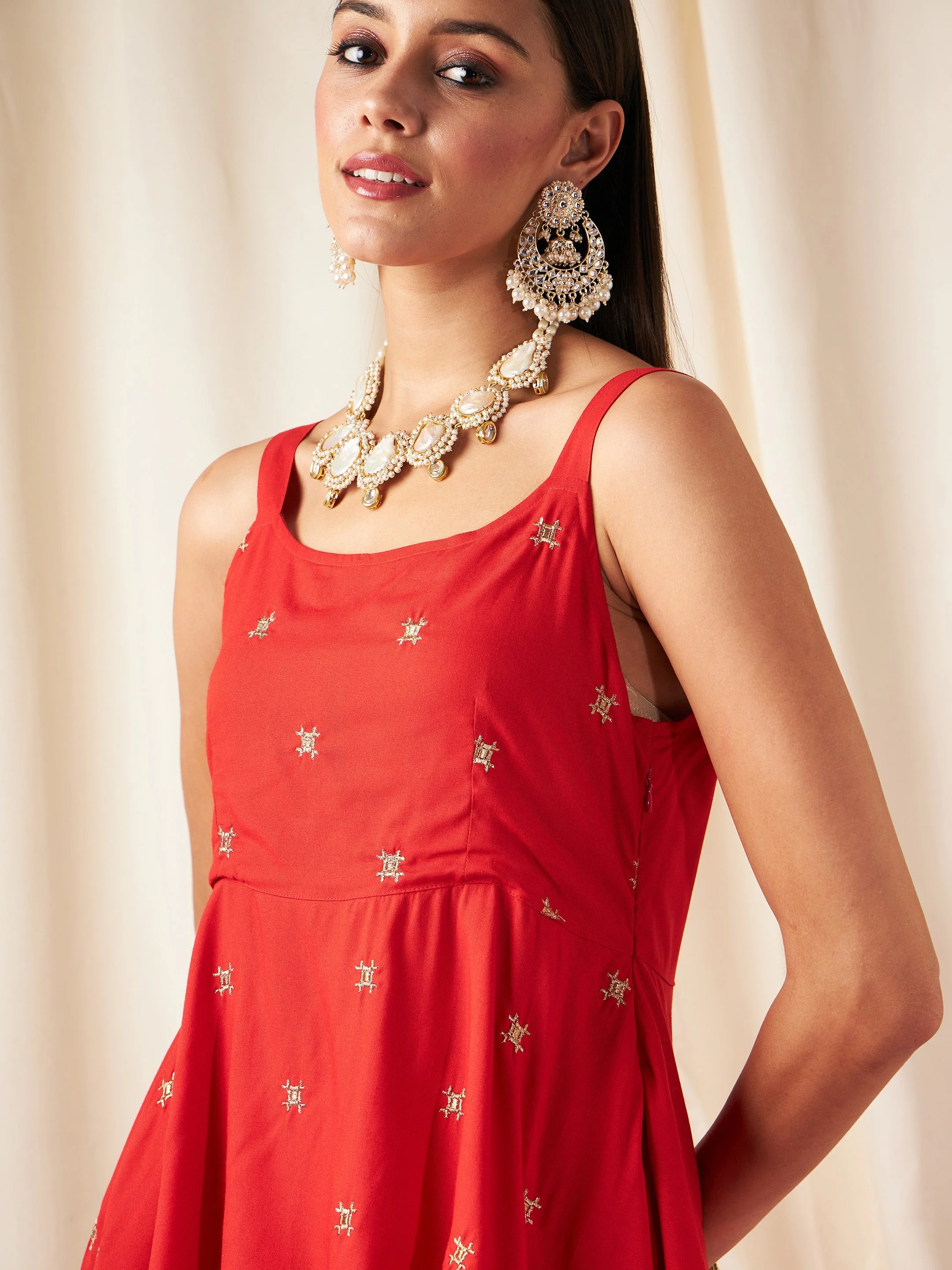 Women Red Zari Embroidered Strappy Top - Image 4