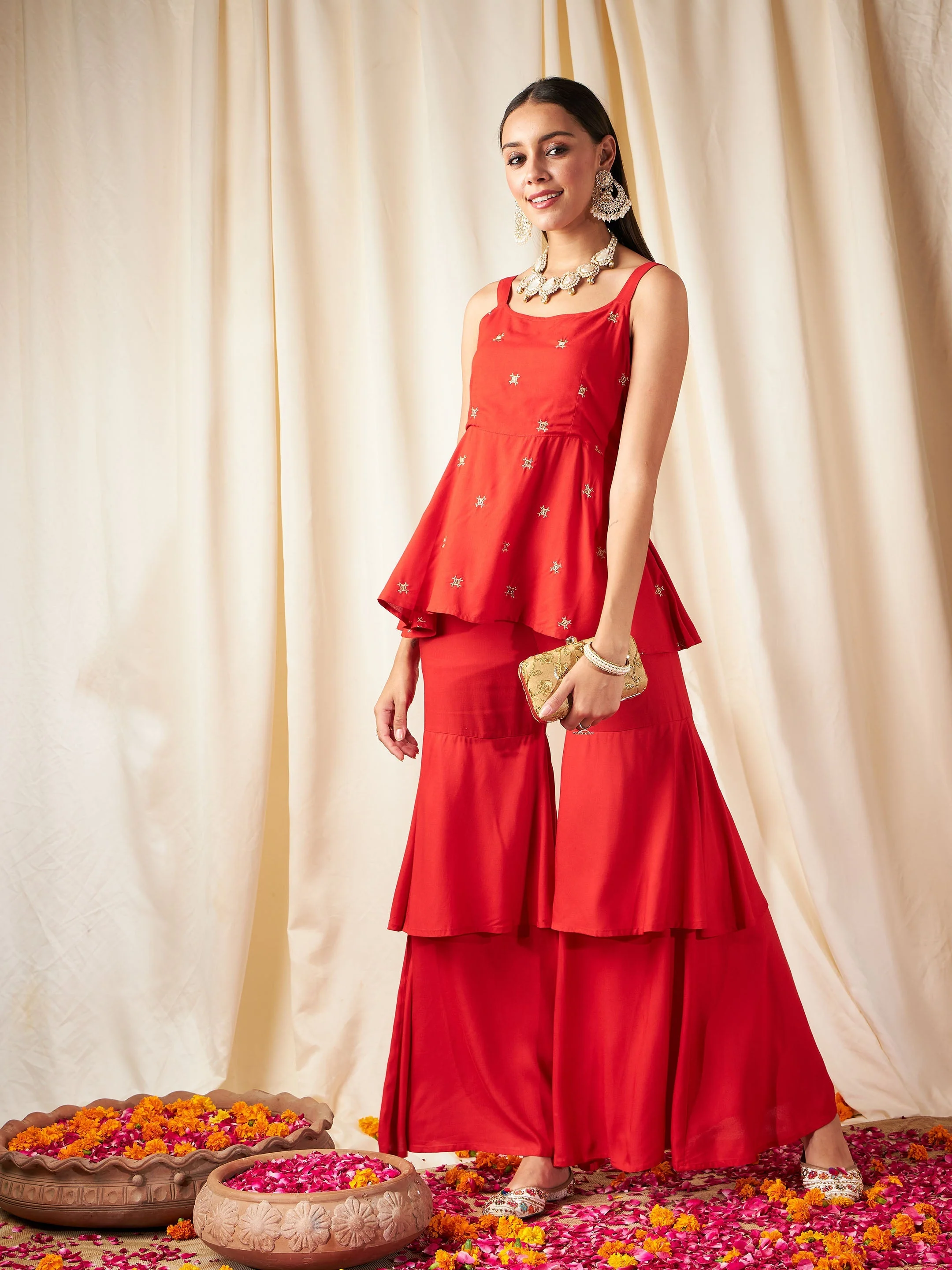 Women Red Zari Embroidered Strappy Top - Image 6