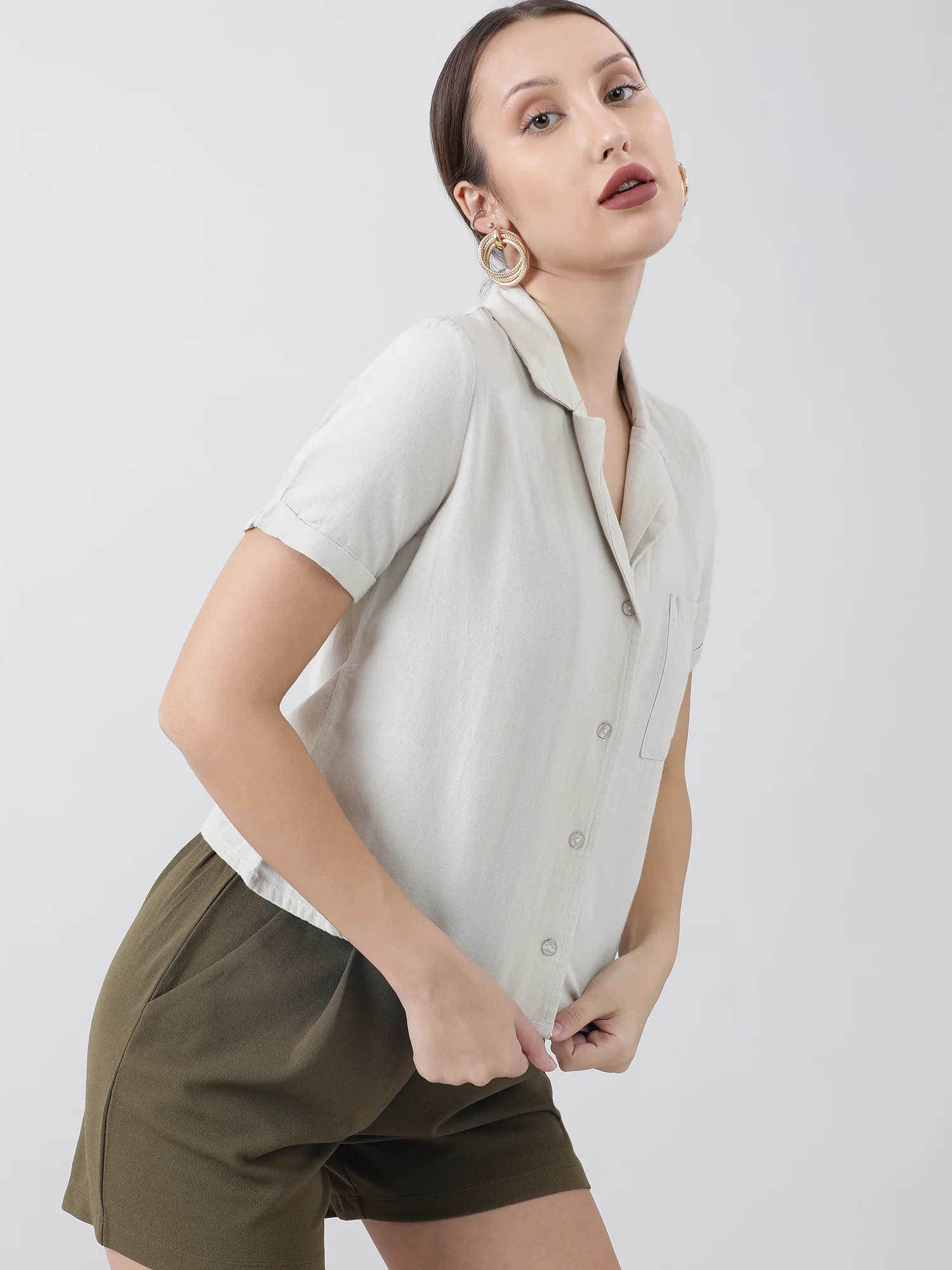 Women Regular Fit Beige Button Down Shirt - Image 3
