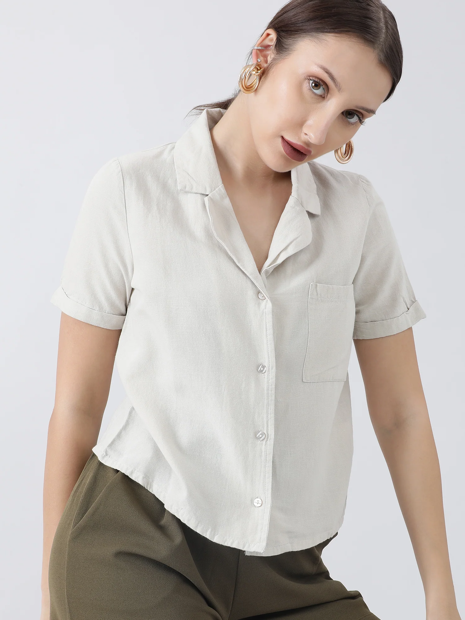 Women Regular Fit Beige Button Down Shirt - Image 4