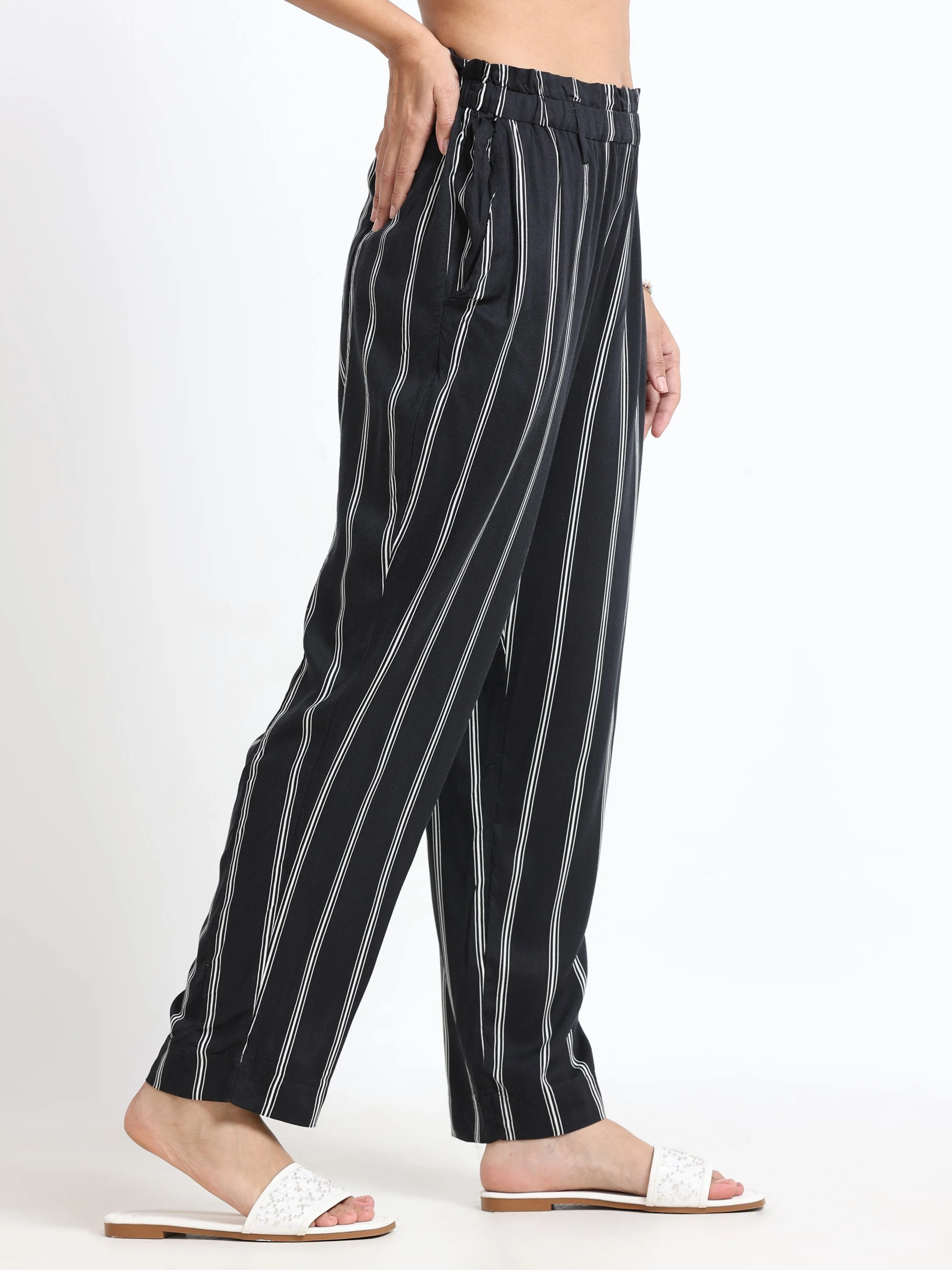 Women Black Regular Fit Striped Peg Trousers - Image 6