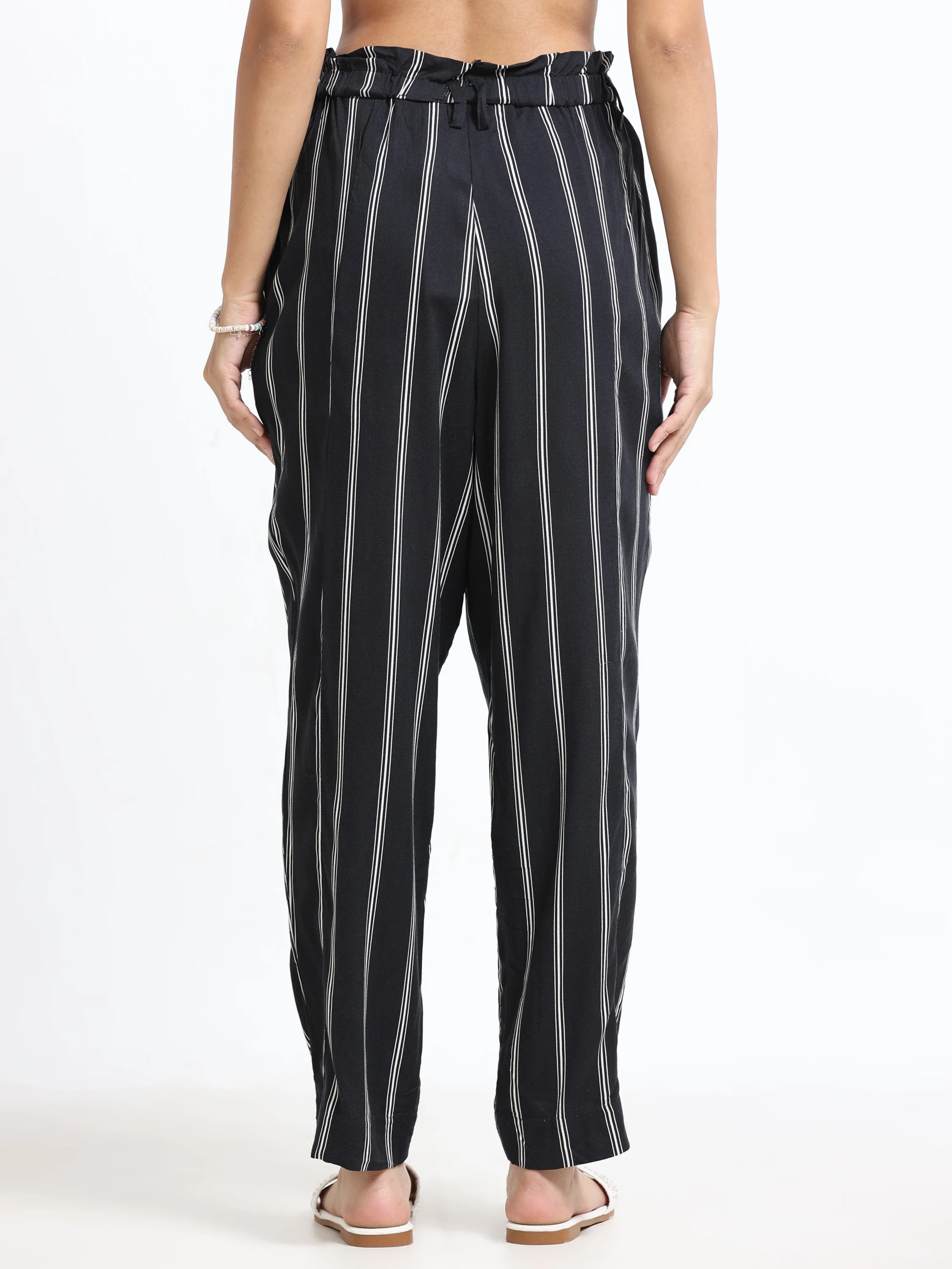 Women Black Regular Fit Striped Peg Trousers - Image 7